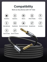 JSAUX® 9.8ft 6.35mm to 6.35mm Audio Cable, 3M Right Angle Connection Durable Nylon Braided Cable, Pure Sound, Compatible With Amps, Electric Bass & Guitars, Speakers, Keyboards, Mixers, Grey