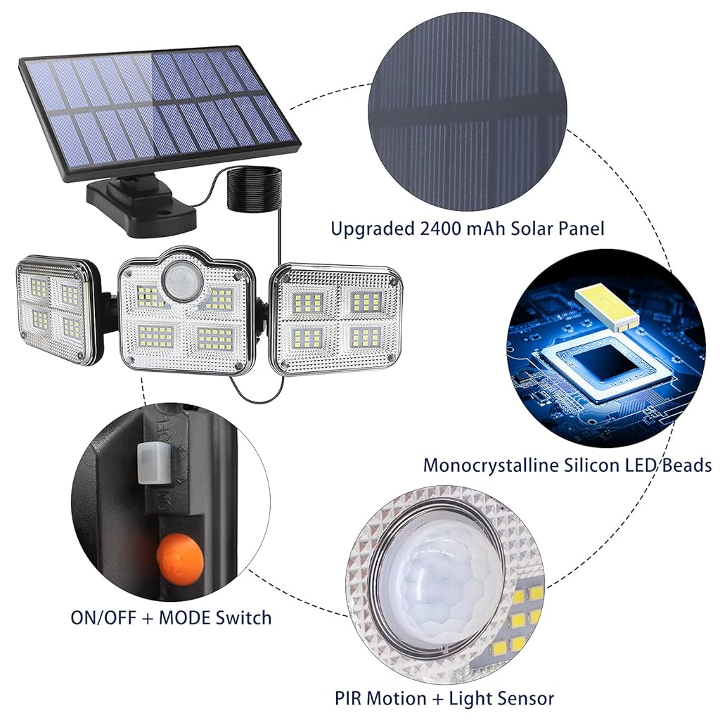 Verilux® Solar Light for Home 112 LED Solar Wall Lamp IP65 Waterproof Outdoor Street Lamp 3 Heads with 270° Wide Angle Adjustable 1200LM Motion Sensor Lights Security Lighting for Garden Patio Path Yard