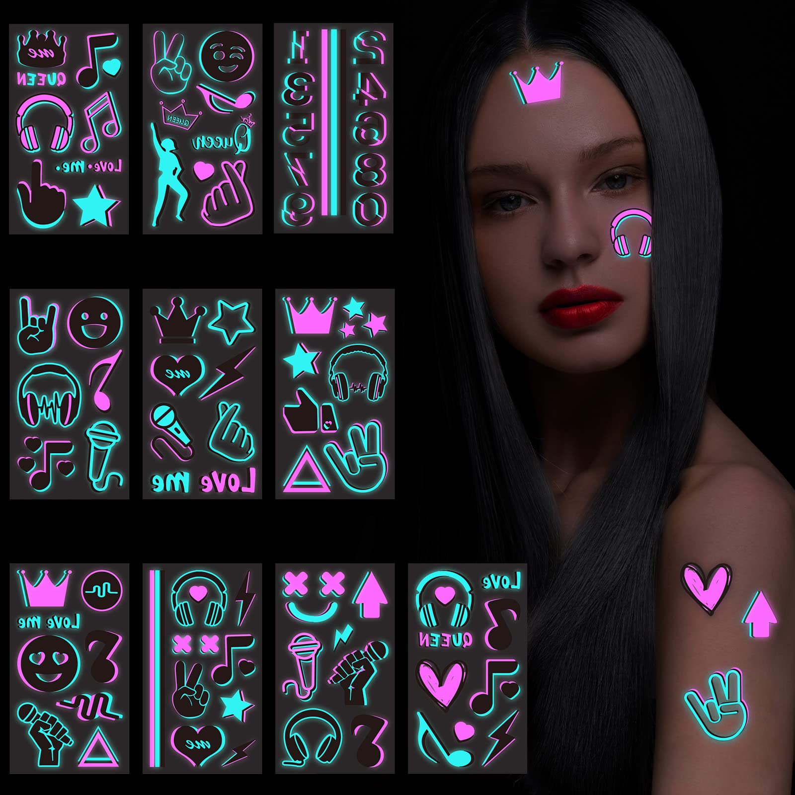 MAYCREATE Temporary Tattoo Sticker for Festival and Party with Dual Color Glow | 10 Sheets