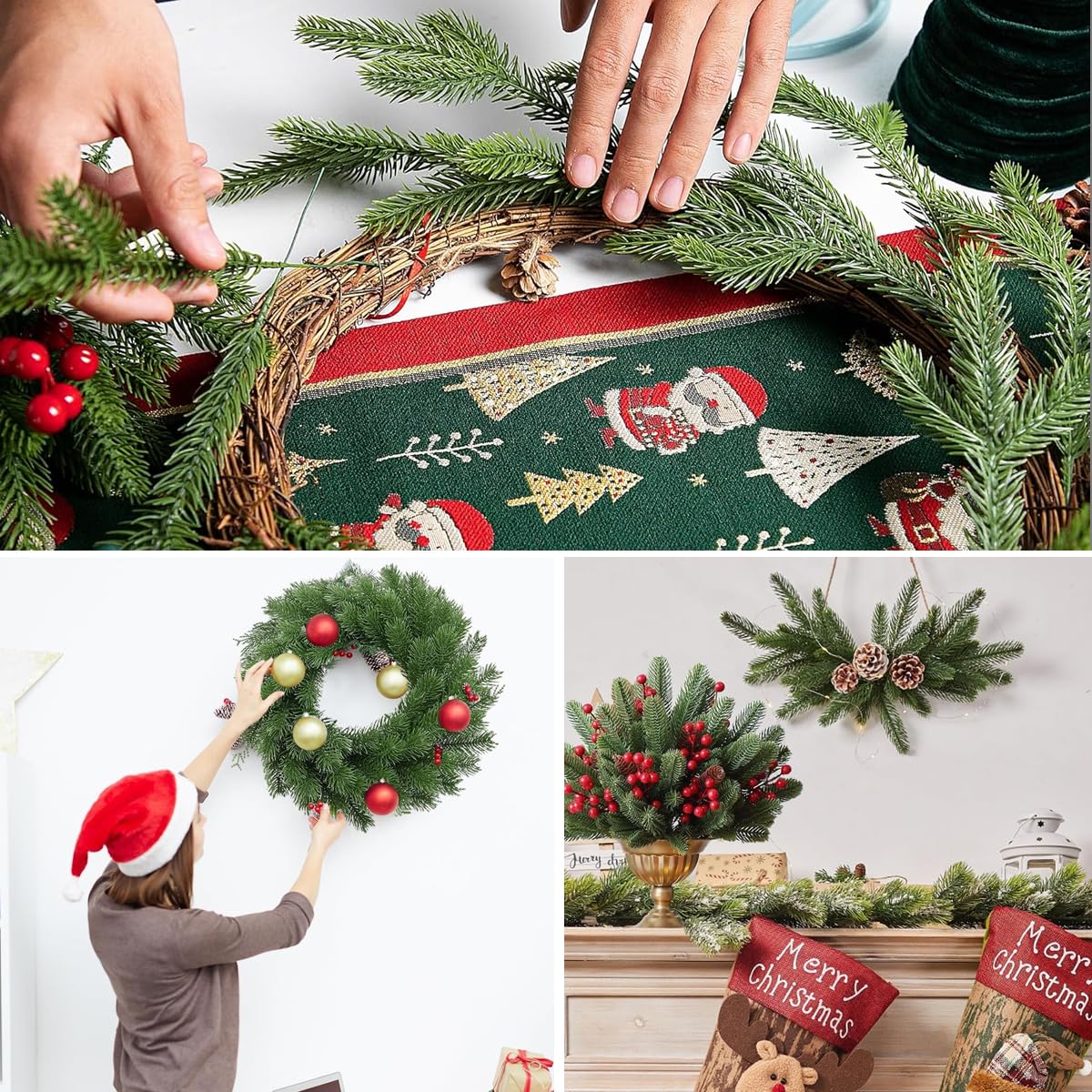 HASTHIP 30pcs Realistic Pine Branches for Christmas Decoration 10inches Pin Needle Branches Home Decor DIY Christmas Realistic Green Decoration for Vase, Table Setting, Garland Wreath