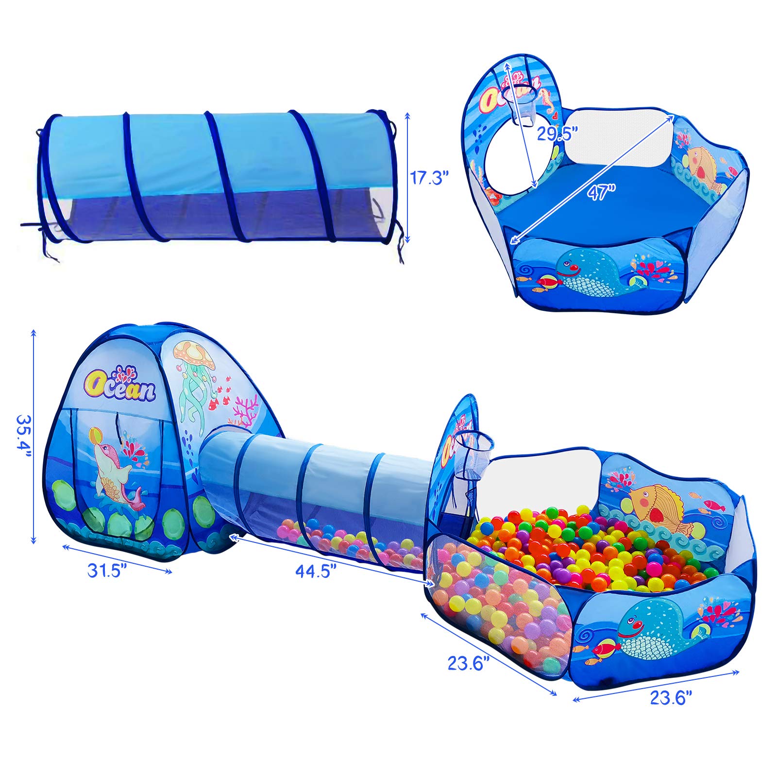 PATPAT 3 in 1 Marine Theme Play Tent for Kids with Tunnel and Ball Pool | Indoor Outdoor Toy