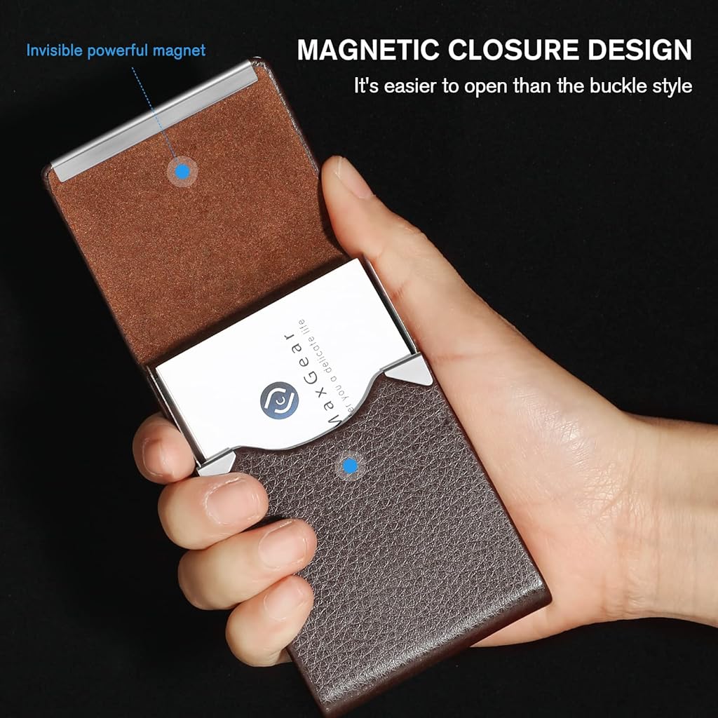 ZIBUYU® Business Card Holder Metal Visiting Card Case Classy Card Holder for Women & Men PU Leather Wallet Card Case with Metal Magnetic Clasp, 20 Cards (6x9.5cm) - Coffee Brown 3 PCS