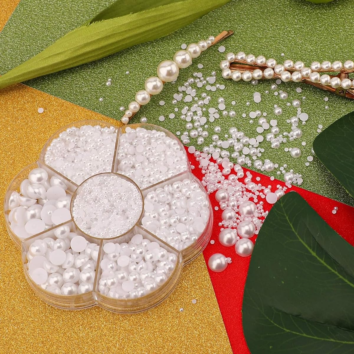 MAYCREATE Nail Pearls Kit for Art and DIY Crafts with 5800 pcs 7 Sizes White Flatback Beads