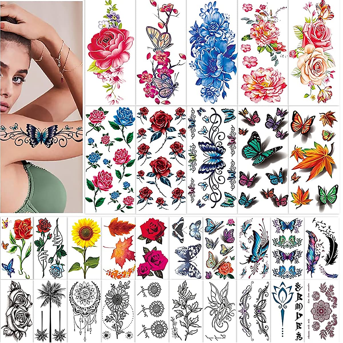 ZIBUYU® 30 Sheets Waterproof Flowers Temporary Tattoos Stickers,Roses Butterflies Assorted Tatto Sticker for Body Art Tattoos for Men