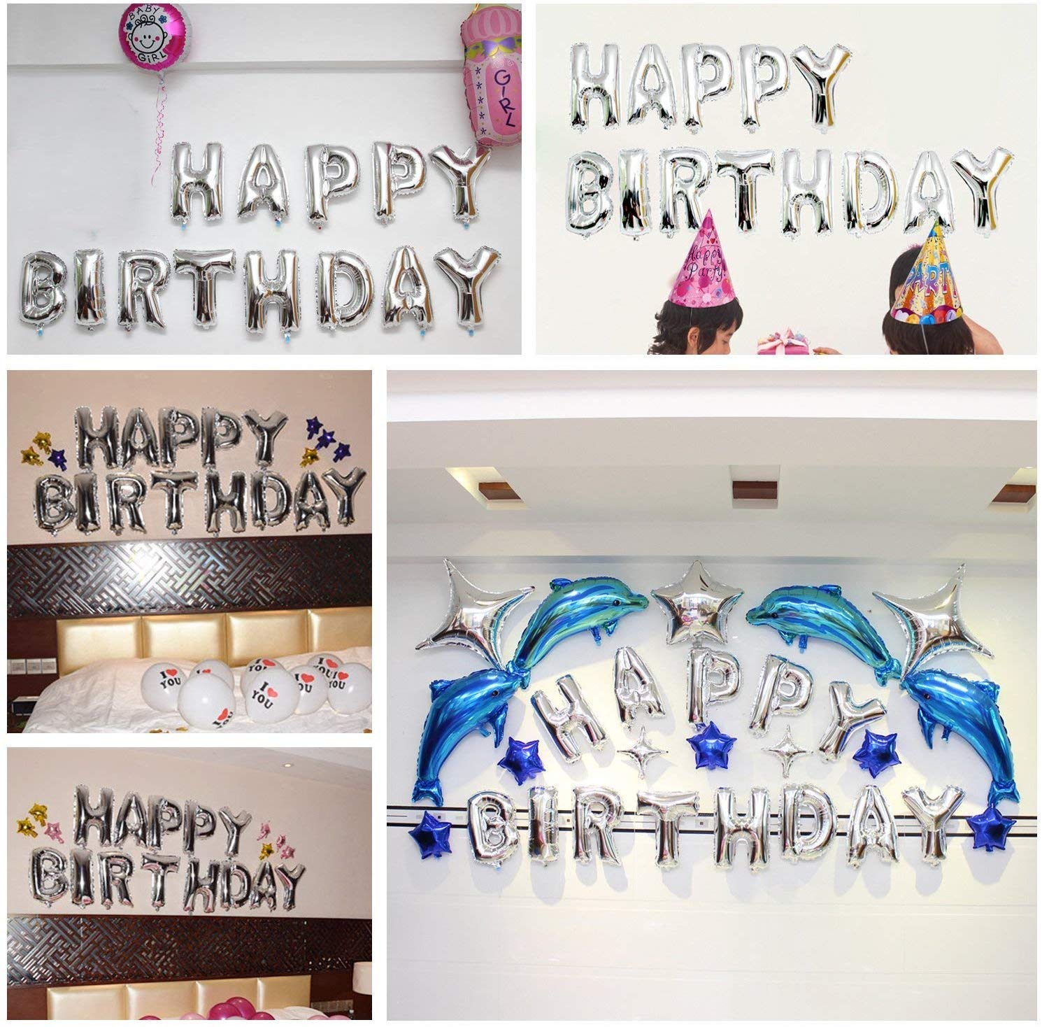 HASTHIP Happy Birthday Balloon Banner for Party Decoration with 13 Letters 16 in Silver Foil
