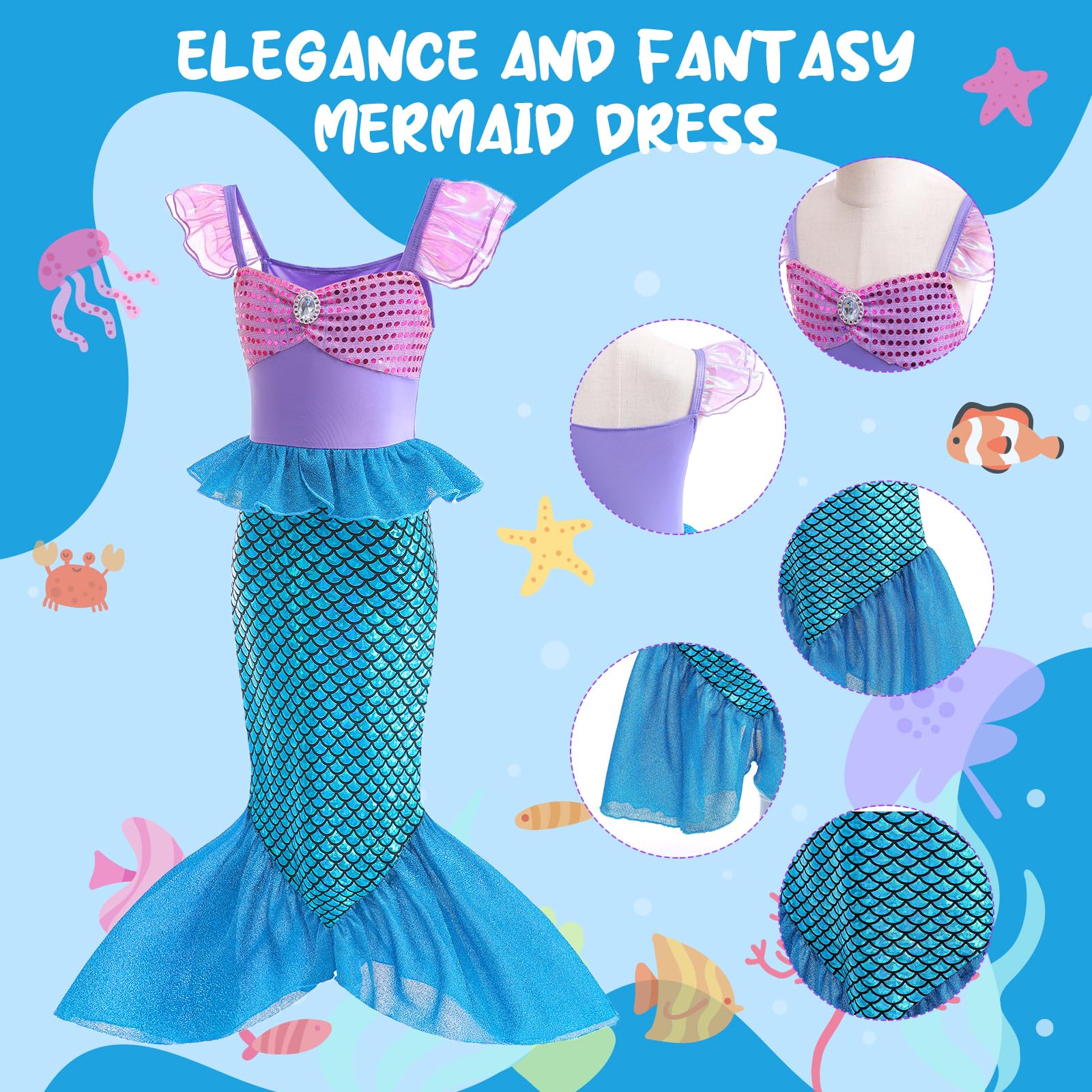 PATPAT Mermaid Dress for Girls with Jewelry Set and Lace Tail 85cm Length | Navy Purple 5-6 Years