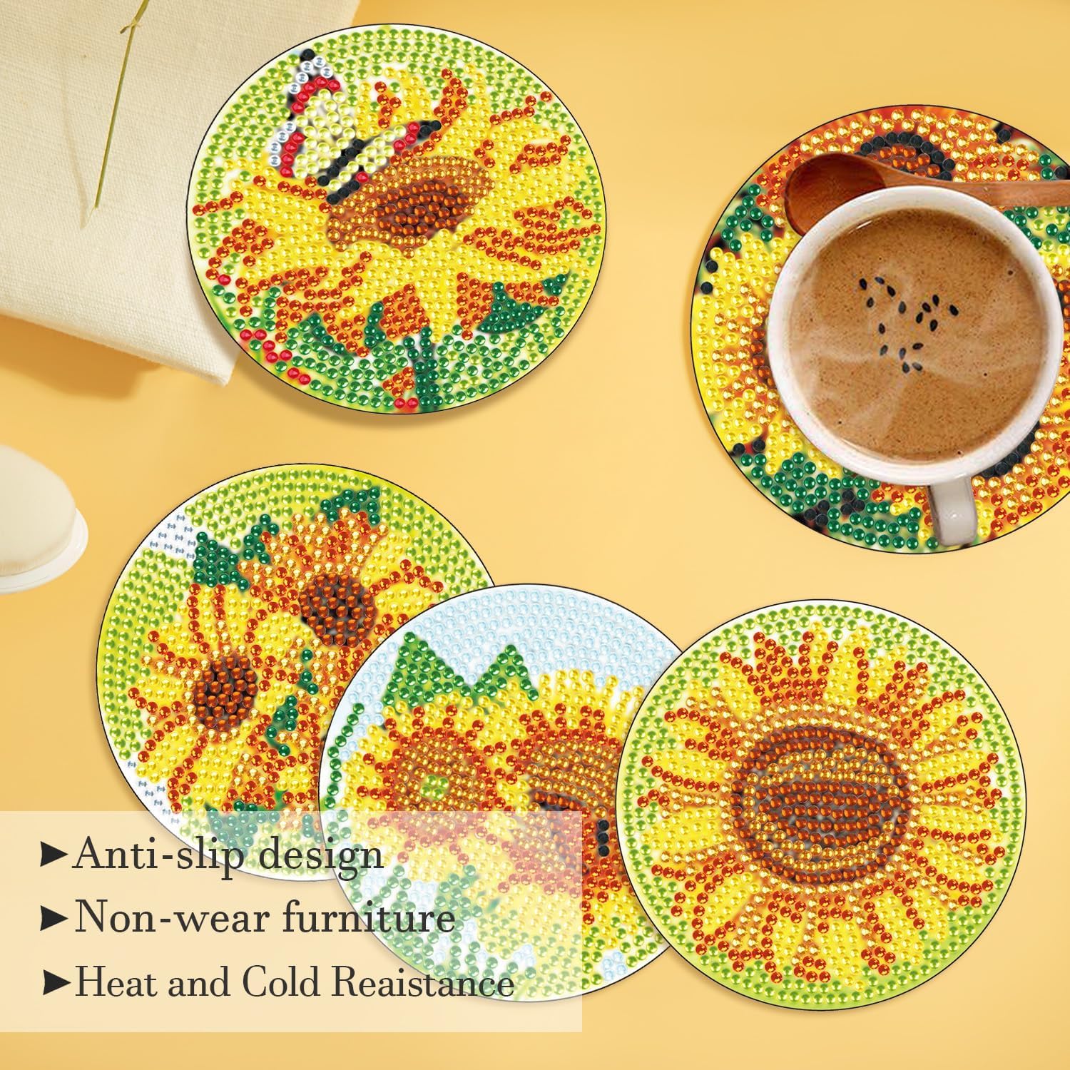 HASTHIP® 10Pcs Sunflower Diamond Painting Coasters with Holder, 5D Full Drill DIY Spring Diamond Art Coaster Acrylic Round Coaster for Beginners Adults and Kids Art Craft Supplies, Style  E