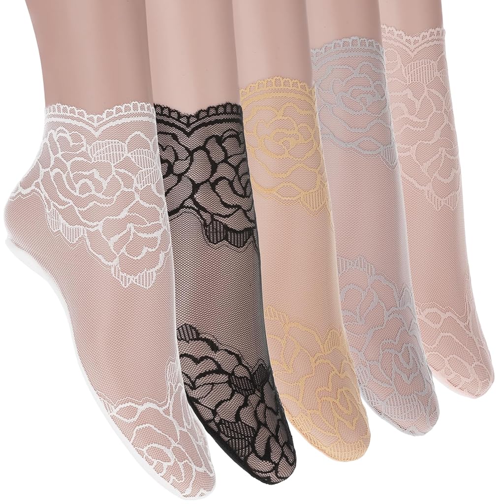 SANNIDHI® 5 Pairs Women Socks Sheer Lace Women Socks Jacquard Rose Lace Socks Mixed Color Cotton Mesh Lace Socks