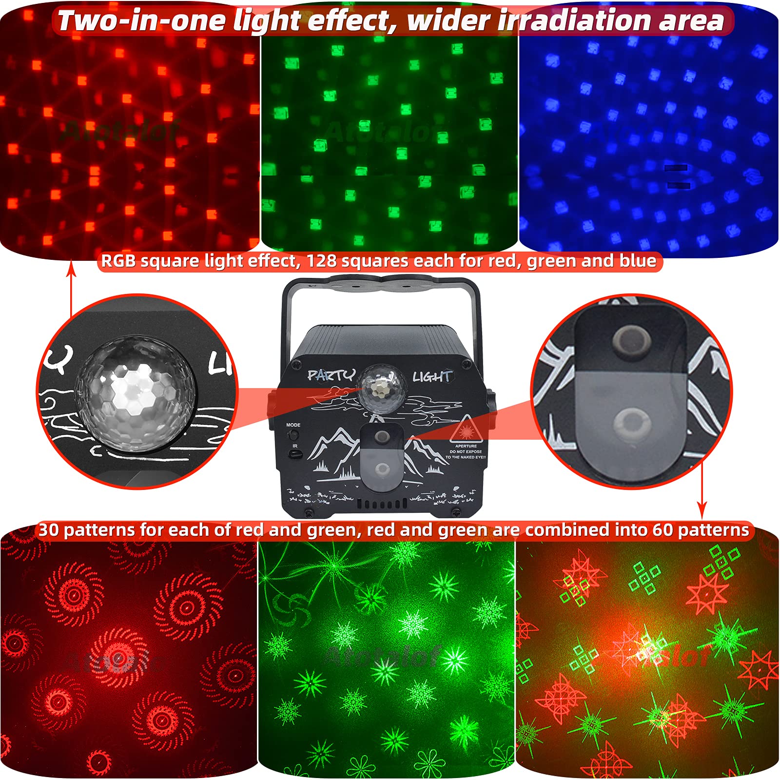 ELEPHANTBOAT DJ Light Party Disco Light for Home Party with 60 Pattern & 128 RGB Squares | Remote Control Sound Active Modes