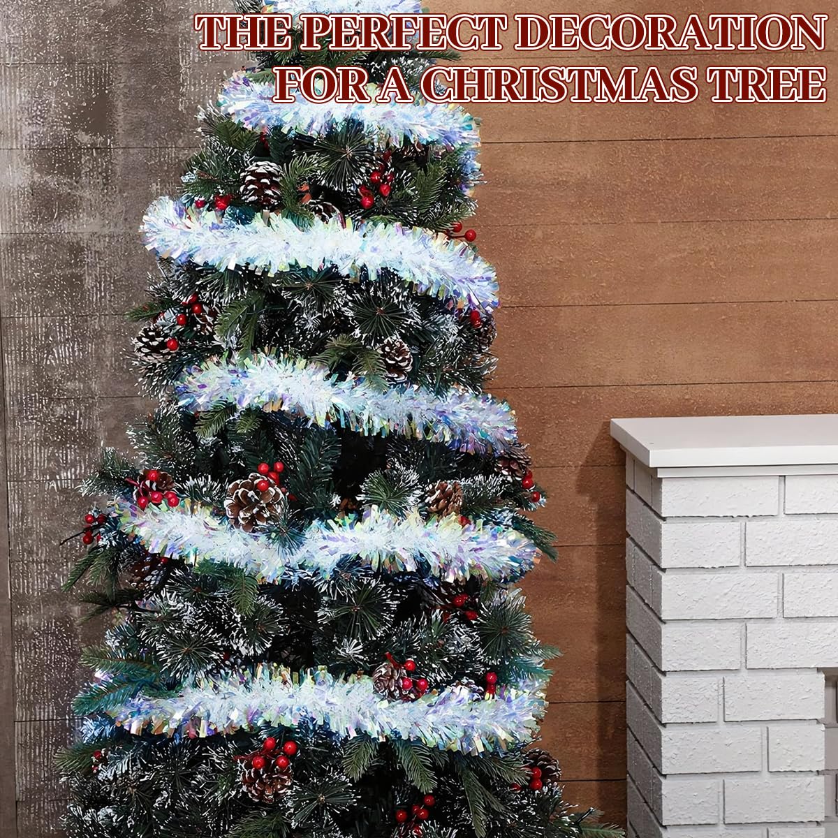 HASTHIP Christmas Tinsel Garland for Holiday Decor with 16.4ft Metallic Shine White