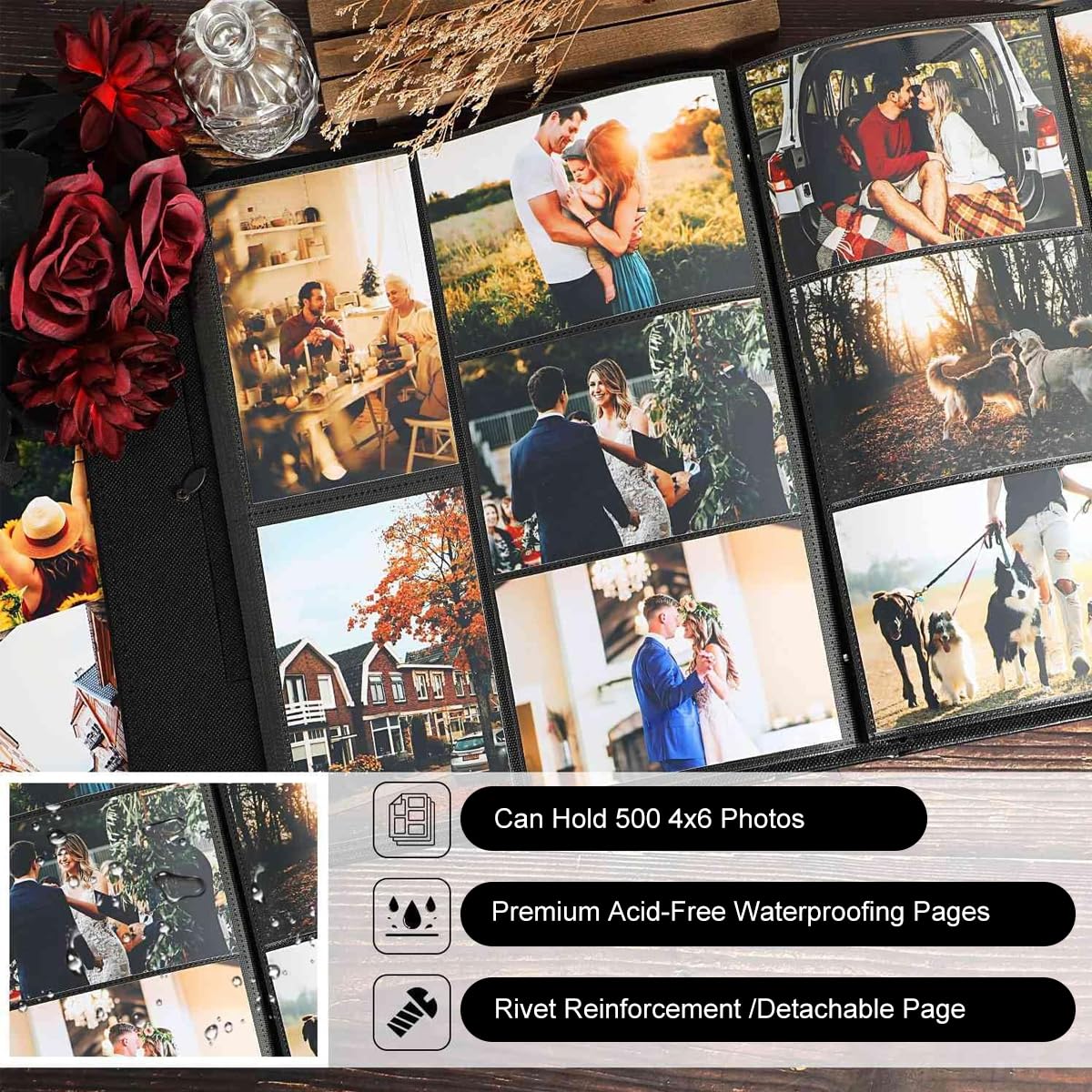 HASTHIP Photo Album Book for Memories with 500 Photo Capacity featuring 4 Clear Windows and PU Leather Cover