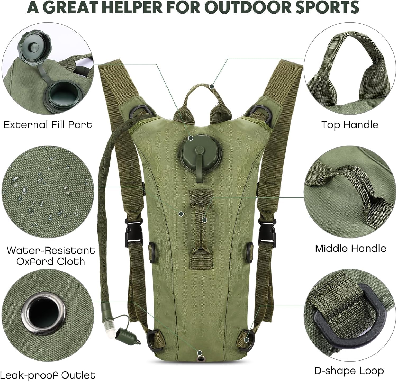 Optifit Trekking Hydration Backpack with 3L BPA Free Bladder featuring Leak Proof Tube | Waterproof Army Green for Hiking Biking and Running