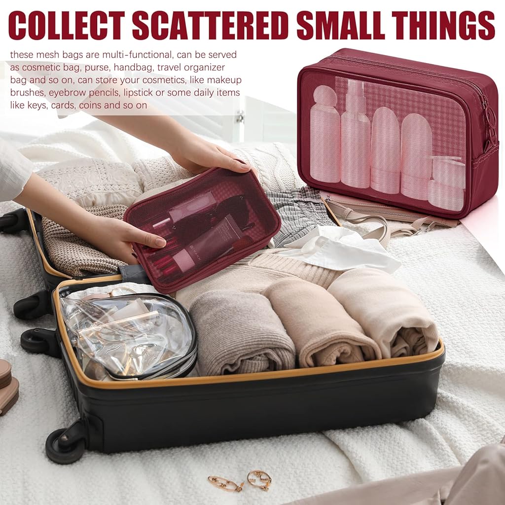 MAYCREATE® 8PCS Zipper Pouches Combo 4 Sizes Mesh Makeup Stylish Burgundy Red Cosmetic Bags Cash Nylon Accessories Organizer
