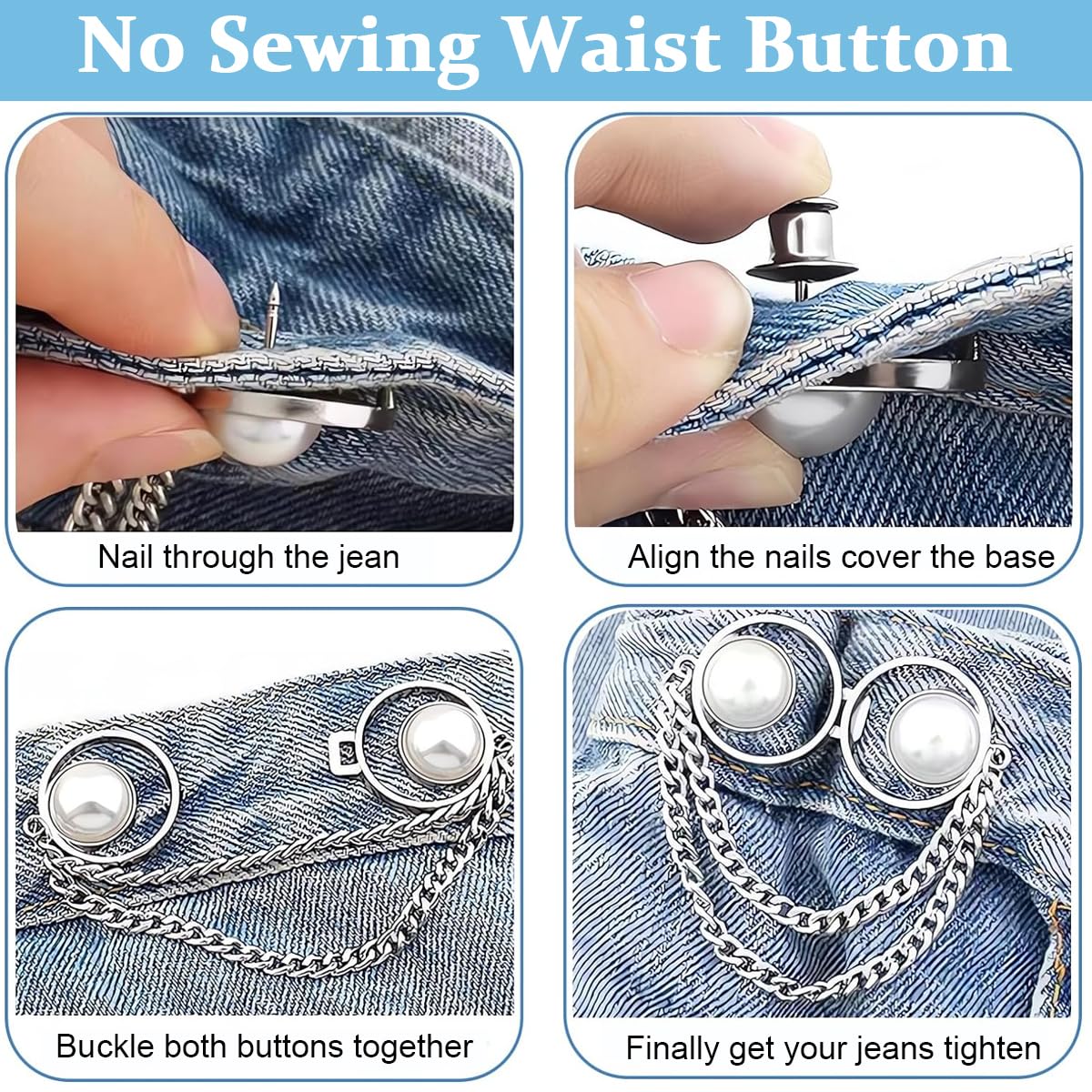 Venzina Adjustable Waist Buckle for Pants with Big Pearl Chain | 2 Pairs Detachable Pin Buttons