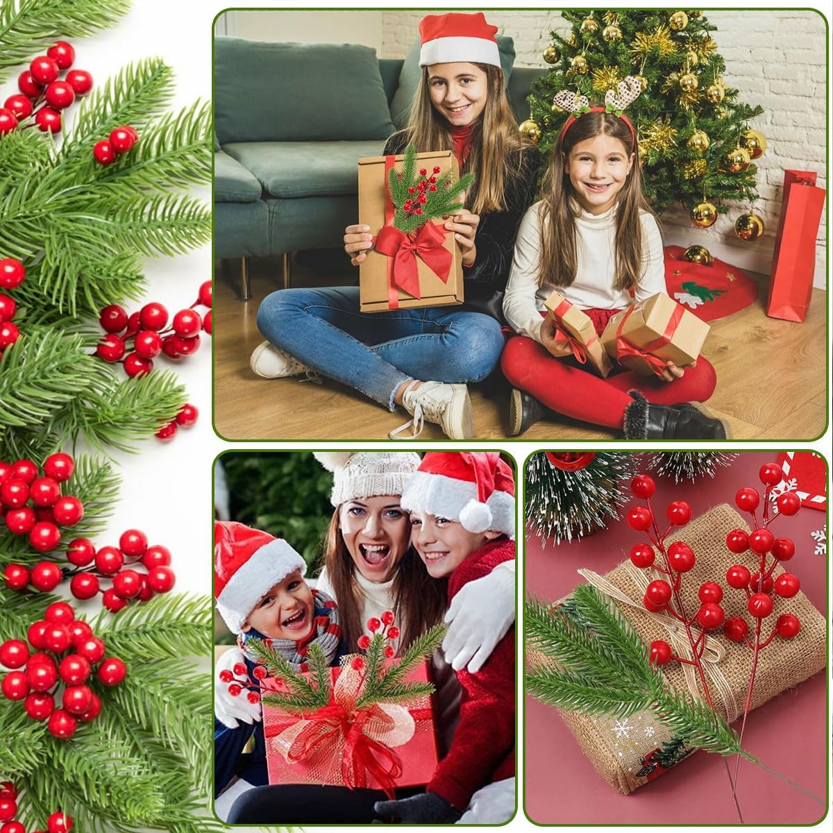 HASTHIP Christmas Pine Branches for Xmas Decor with 35 Pine Picks and 10 Red Berry Stems | Realistic Artificial Needles for Tree Garland and Wreaths