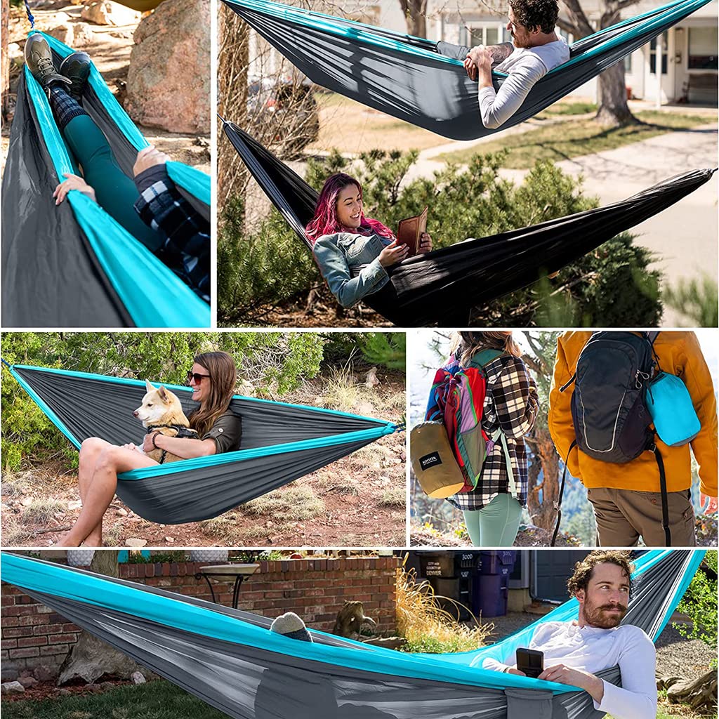 HASTHIP® Blue Hammock for Camping Outdoor Activities with 2 Fixing Straps, Swing for Adults and Kids,Portable Ultralight Nylon Hammock for Travel,Beach,Trekking,Maximum 200kg Load