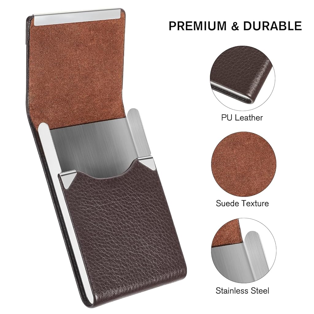 ZIBUYU® Business Card Holder Metal Visiting Card Case Classy Card Holder for Women & Men PU Leather Wallet Card Case with Metal Magnetic Clasp, 20 Cards (6x9.5cm) - Coffee Brown 3 PCS