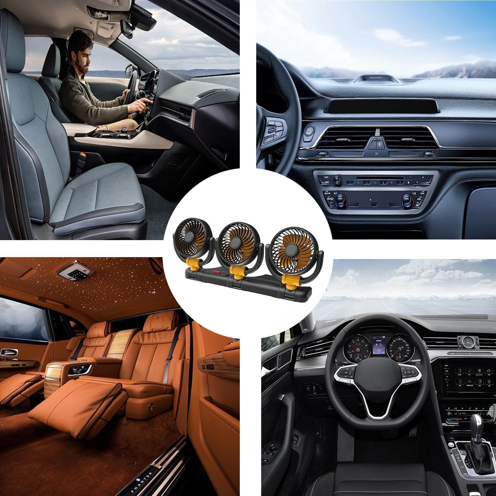 STHIRA 12V Electric Car Cooling Fan for Vehicles with Triple Rotatable Heads | 2 Speed Air Circulator