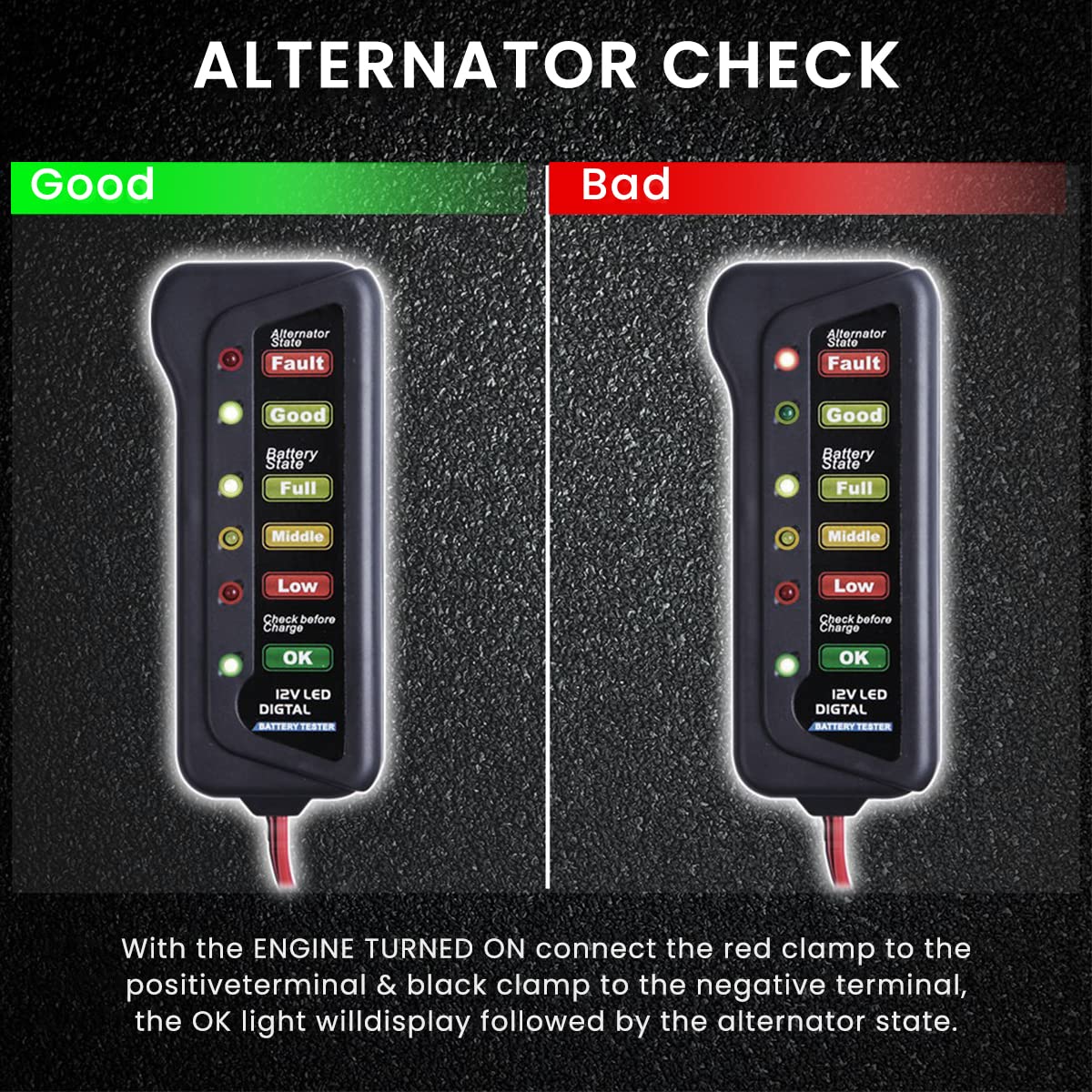 STHIRA Lukzer 12V Digital Battery Tester Alternator for Vehicles with 6 LED Lights