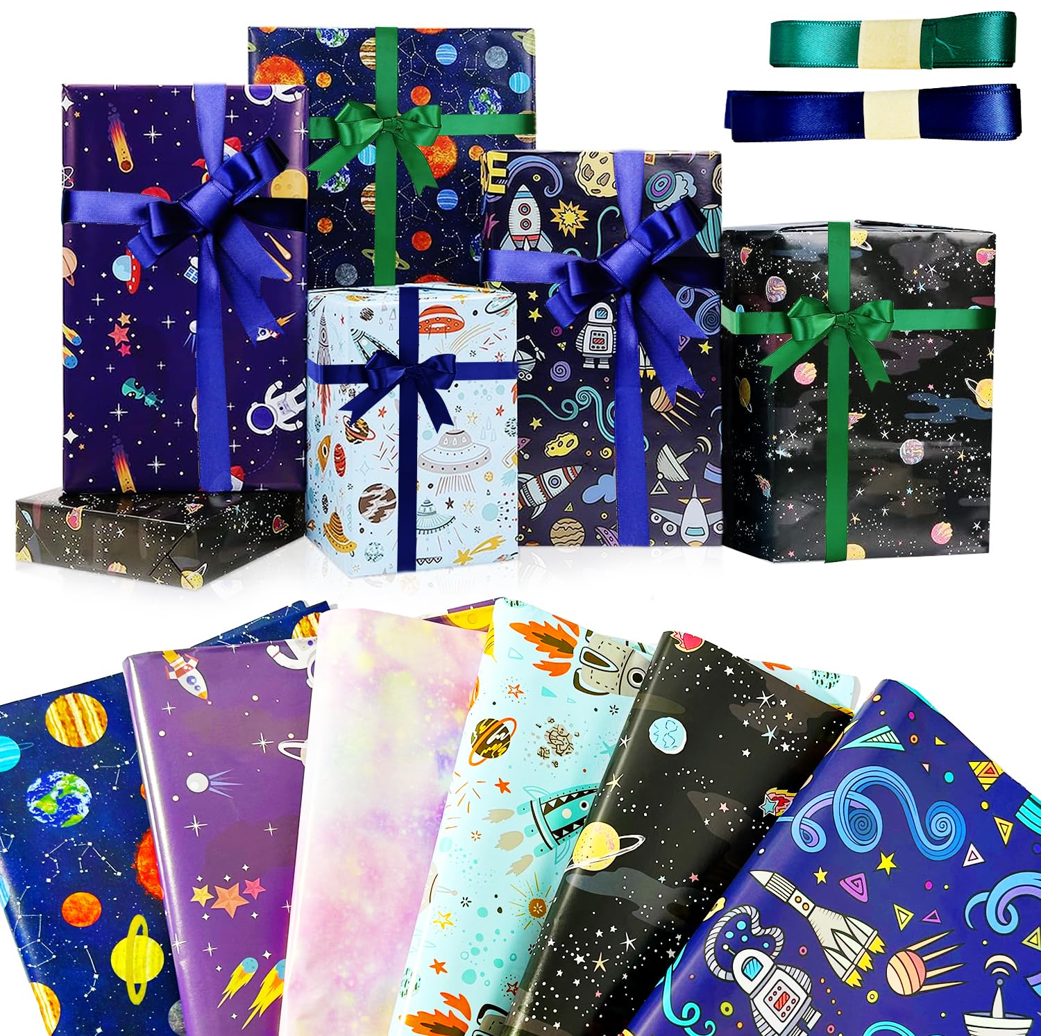 HASTHIP® 6 Sheets Birthday Wrapping Paper for Kids Girls Boys Women Men, Outer Space Design Wrapping Paper, Gift Wrapping Paper Set for Birthday Party Holiday DIY Crafts Supplies, 27.6 x 19.7 Inch