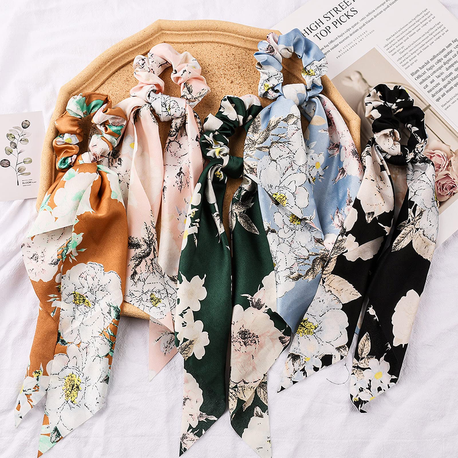 MAYCREATE Hair Scarf Scrunchies Set for Women with Soft Elastic Bands and Floral Ribbons | 5 Pcs