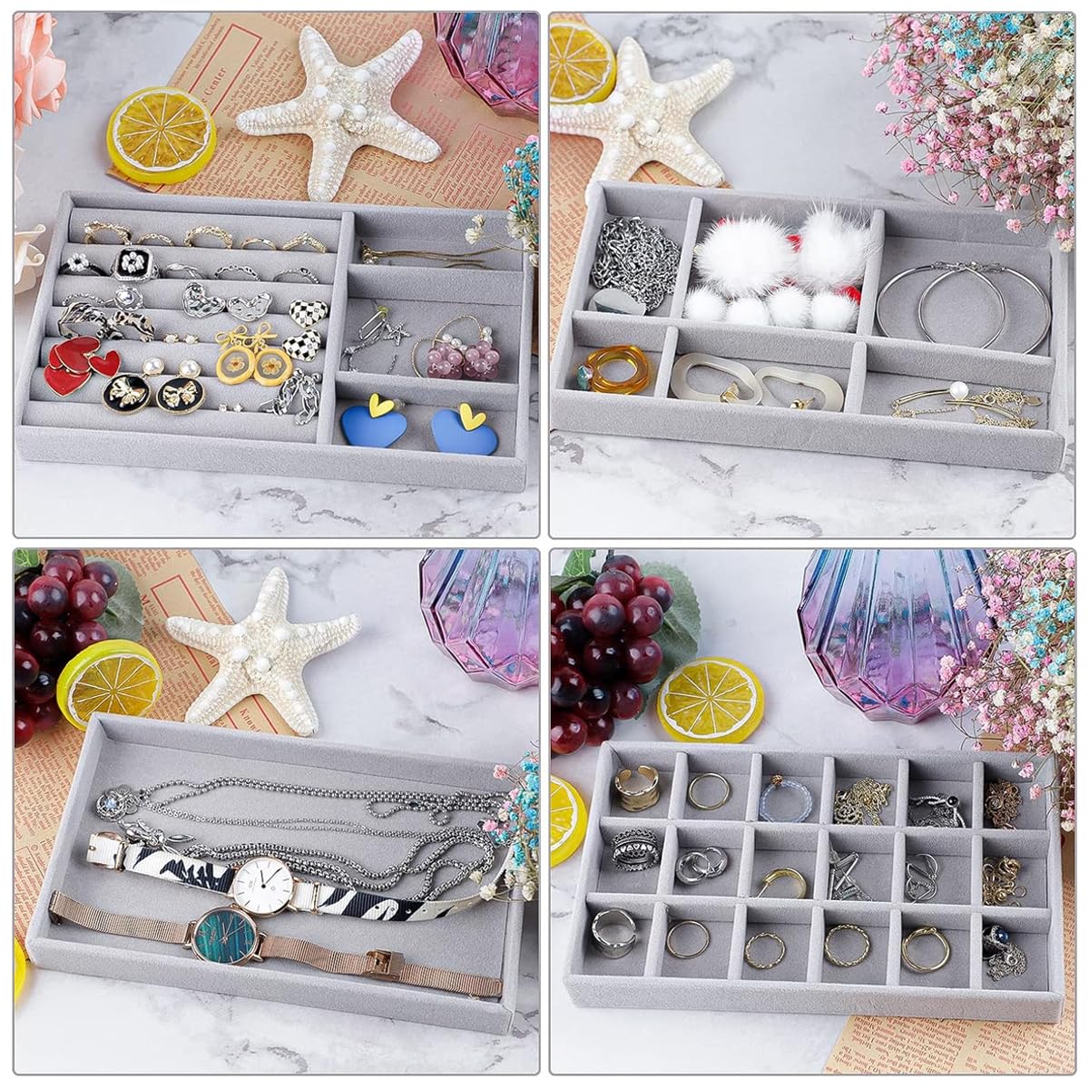 SANNIDHI Jewelry Organizer 4pcs Set for Earrings and Necklaces with Stackable Trays | 9.4×5.9×1.1 in Drawer Storage
