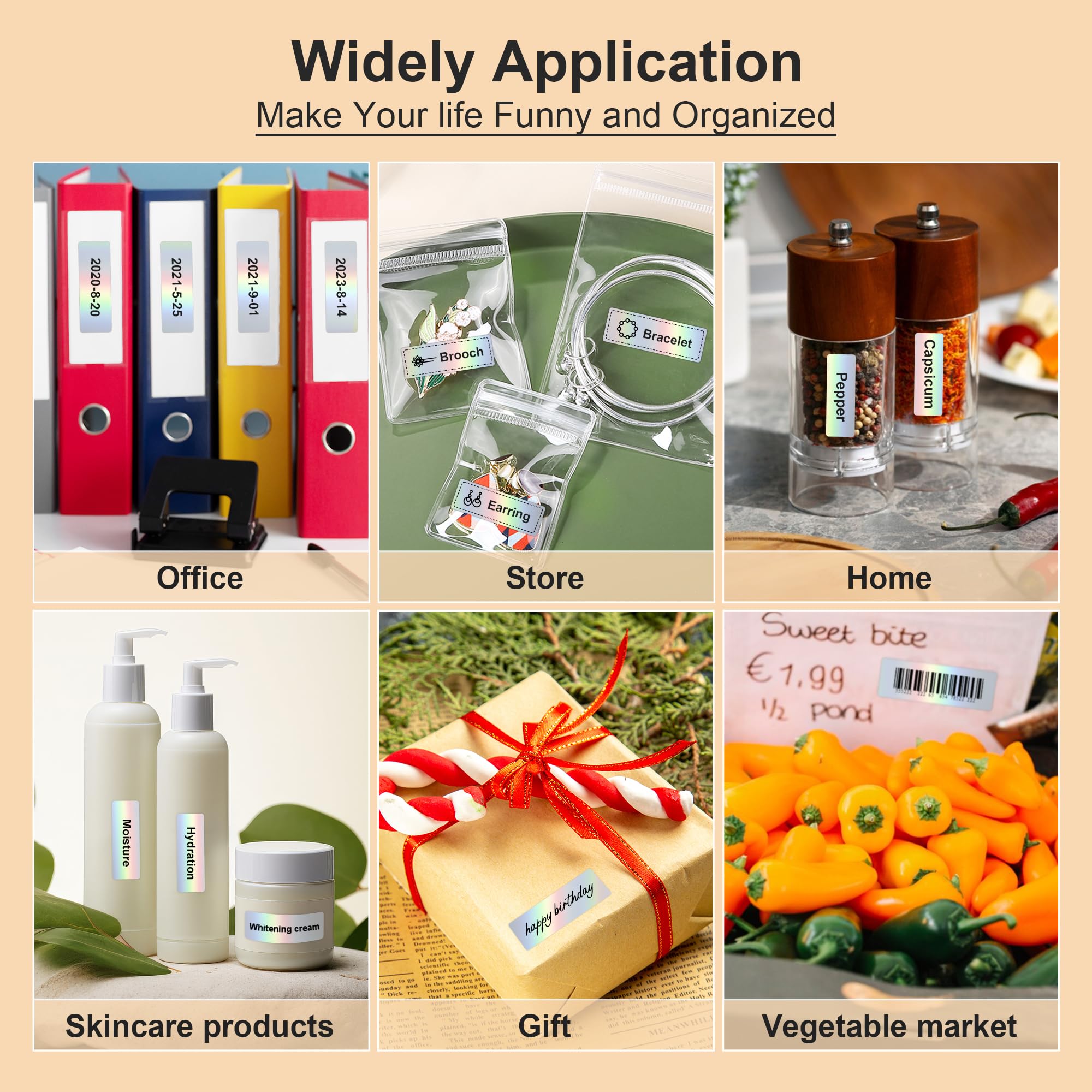 Zeitel Mini Label Printer Machine for Office with 320 pcs 12x40 mm Thermal Paper Roll | Holographic Silver Adhesive Stickers