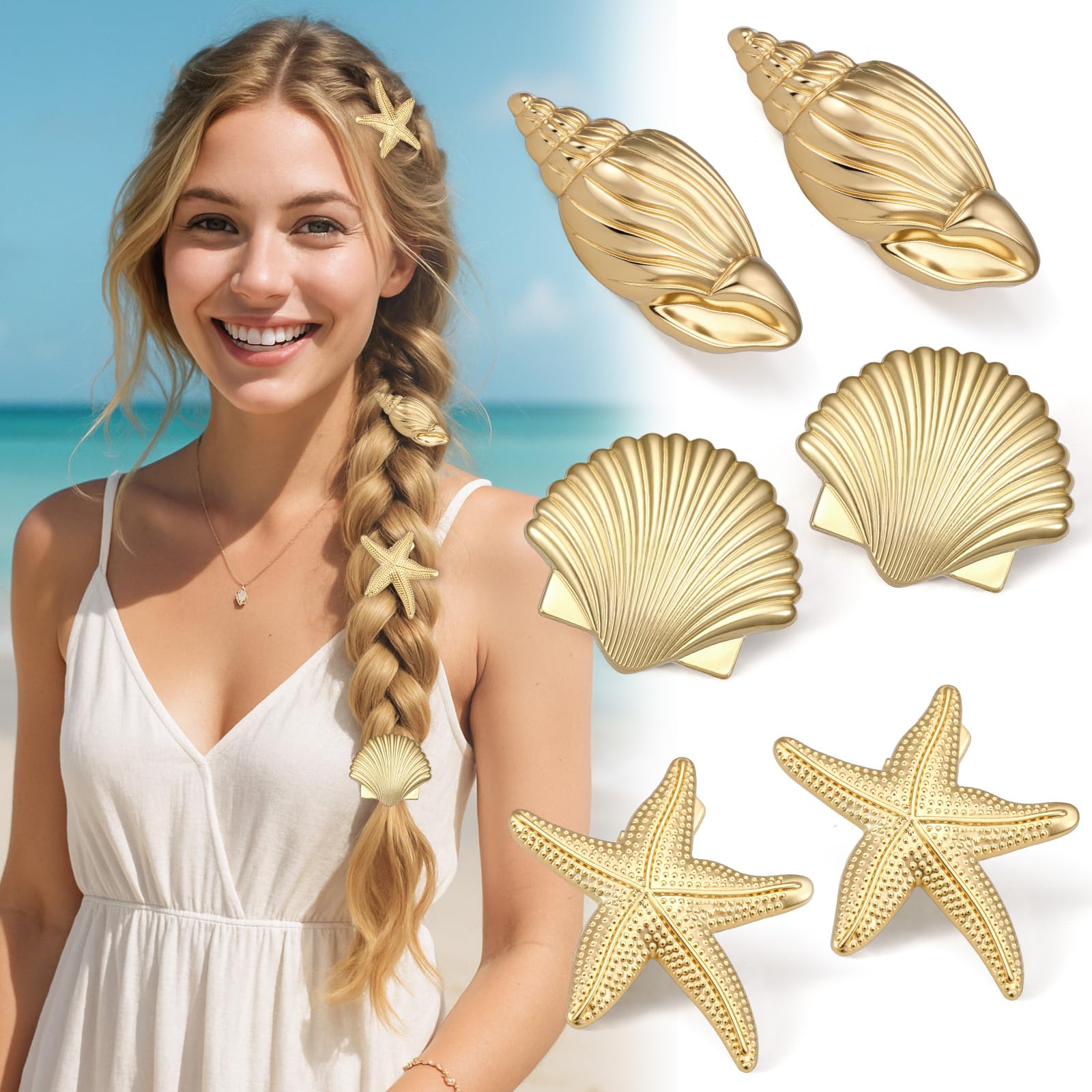 SANNIDHI® 6Pcs Hair Clips for Women Girls Small Metal Gold Starfish Seashell Clip Summer Beach Holiday Hair Accessories for Woman