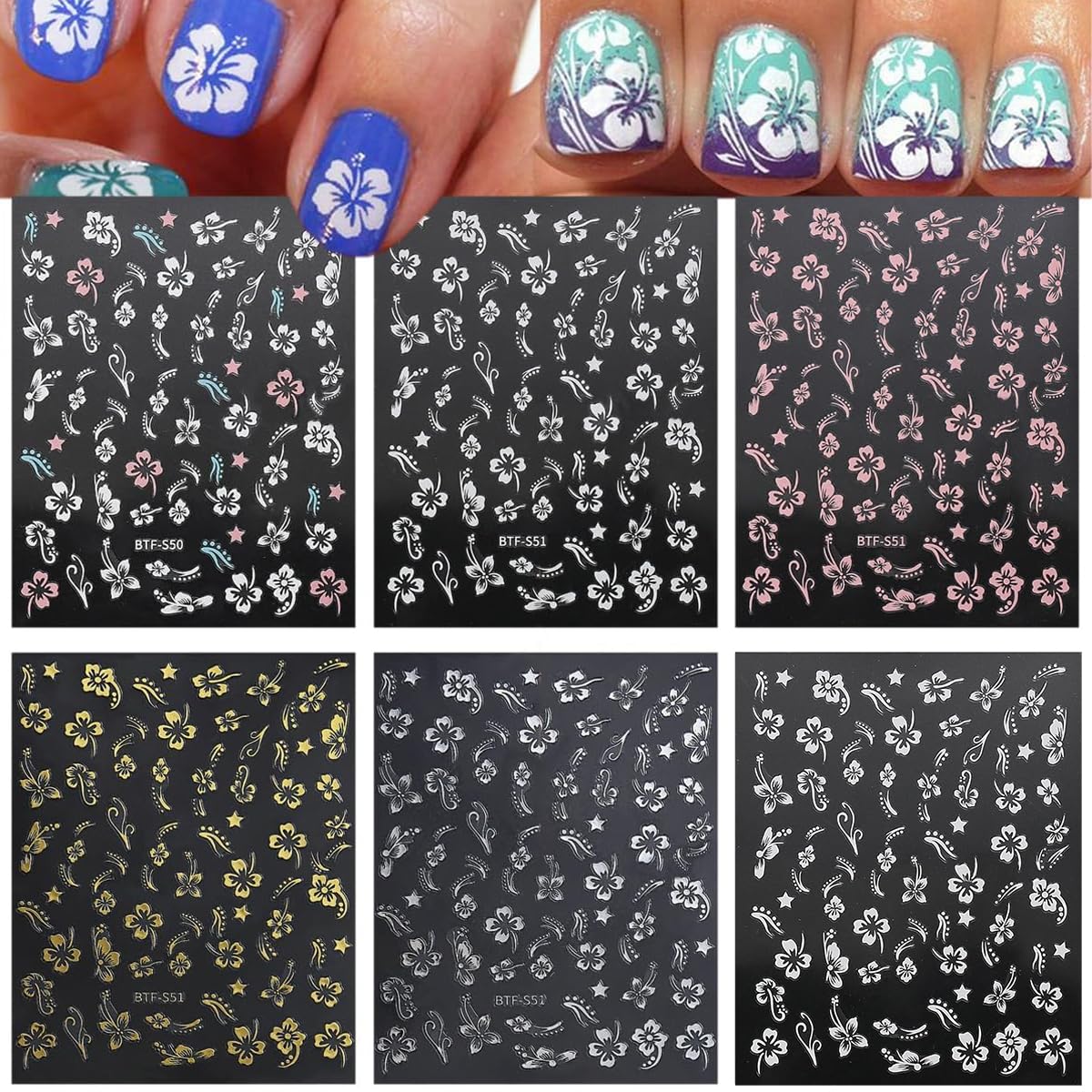 MAYCREATE Nail Stickers for Summer DIY Art featuring 6Pcs 3D Embossed Hibiscus Design | Women