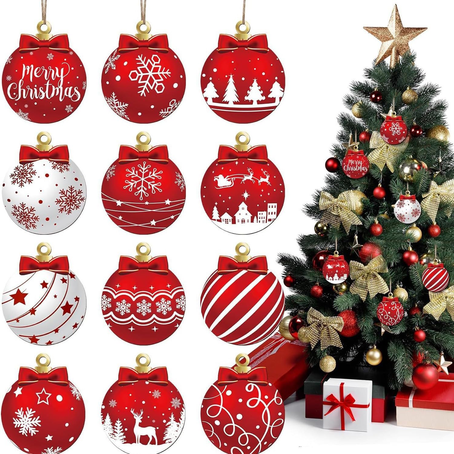 HASTHIP® 12Pcs Wooden Christmas Ball Ornaments, Red Hanging Decorations with Snowflake Pattern, Red Wooden Baubles for Christmas Tree & Holiday Room Décor