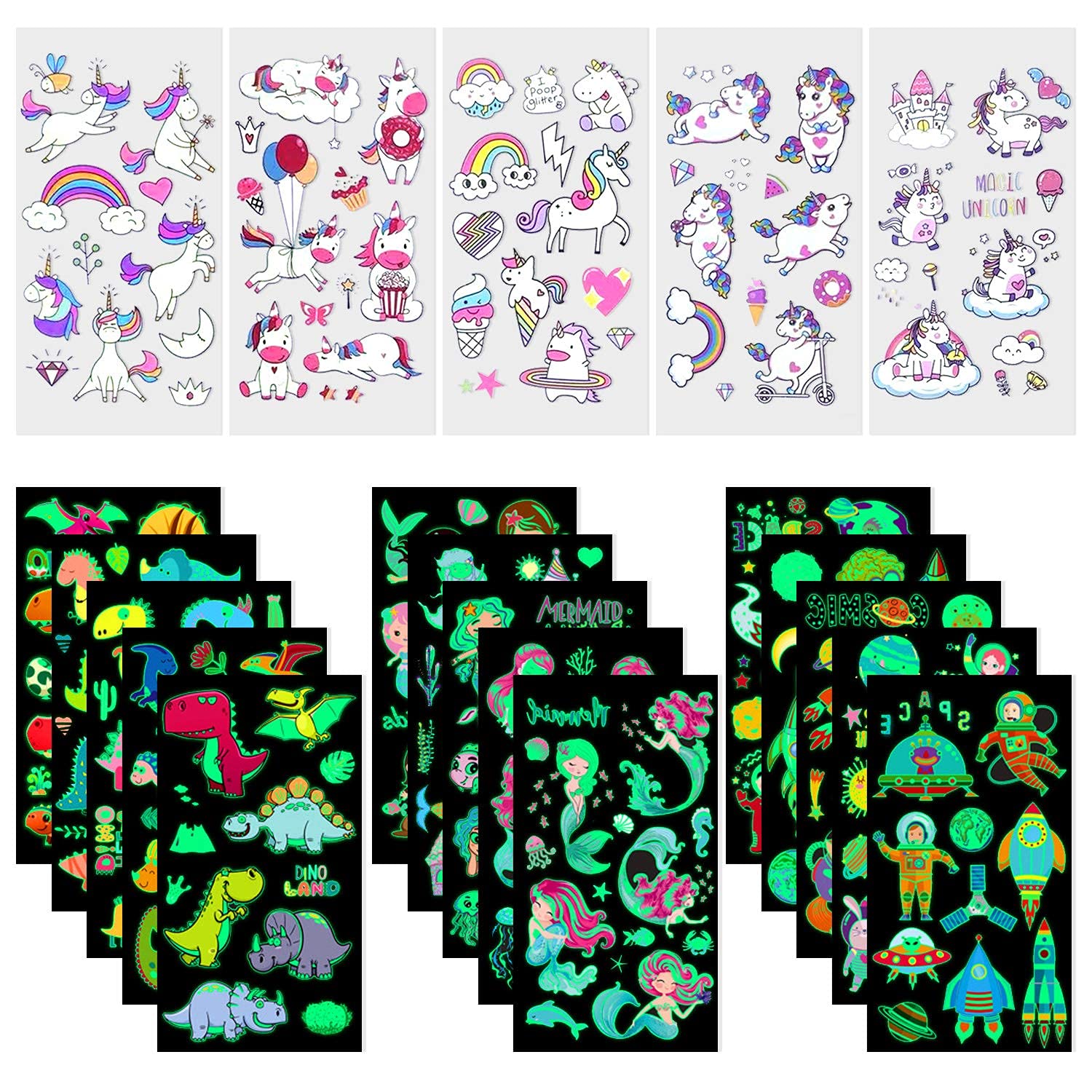 MAYCREATE Waterproof Cartoon Temporary Tattoo Stickers 20 Sheets with Glow Effect for Kids | Unicorn Mermaid Dinosaur Party Gift