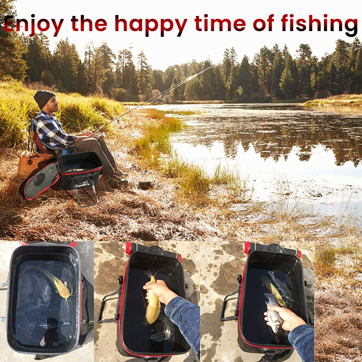Proberos 23L Fishing Bucket with Lift Handle, Foldable Fish Bucket, Live Fish Container, Multi-Functional EVA Fishing Bag for Outdoor, Live Fish Lures Bucket and Fish Protection Bucket (Black)