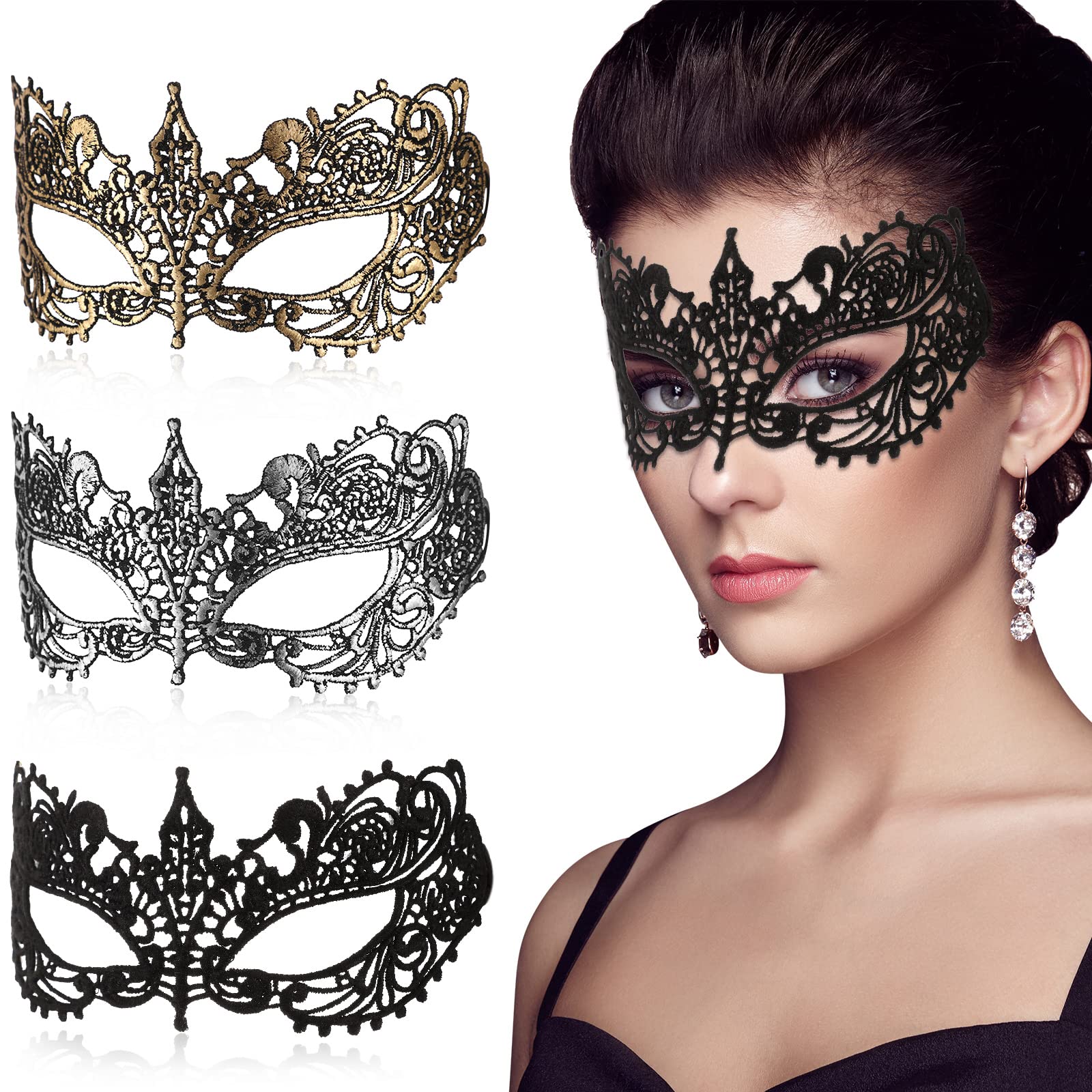 PATPAT  3Pcs Masquerade Masks Lace Eye Mask, Women Halloween Mask Lady Girl Party Mask for Party Masquerade Costume Halloween (Black+Gold+Silver)