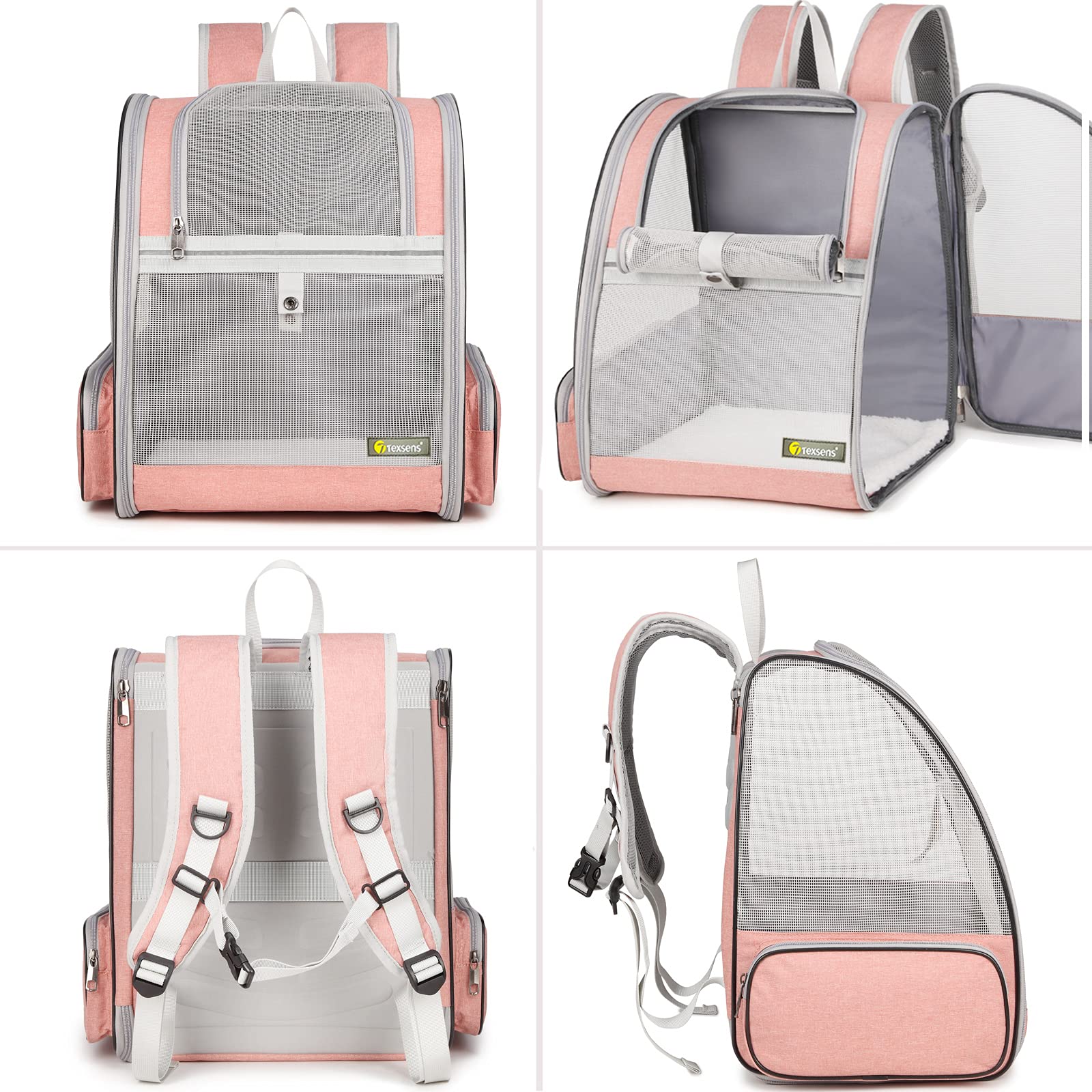 ZIBUYU Cat Carrier Backpack for Travel with Hidden Expandable Rear Space 15.2×11.4×16.5 in | Pink Breathable Mesh Design for Small Pets