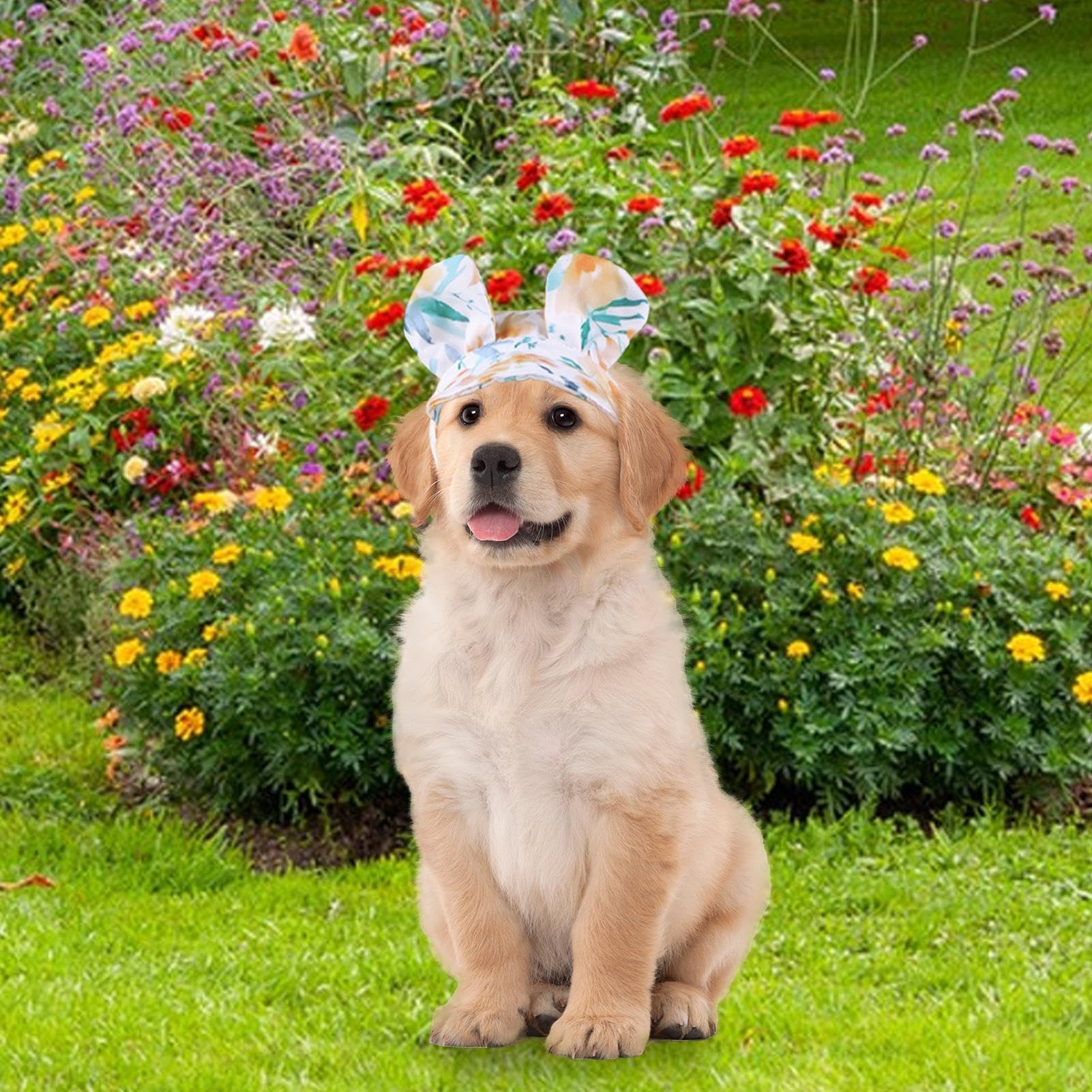 Qpets Small Dog Sun Visor Hat with Adjustable Chin Strap featuring Bunny Ears and Green Floral Polyester Design
