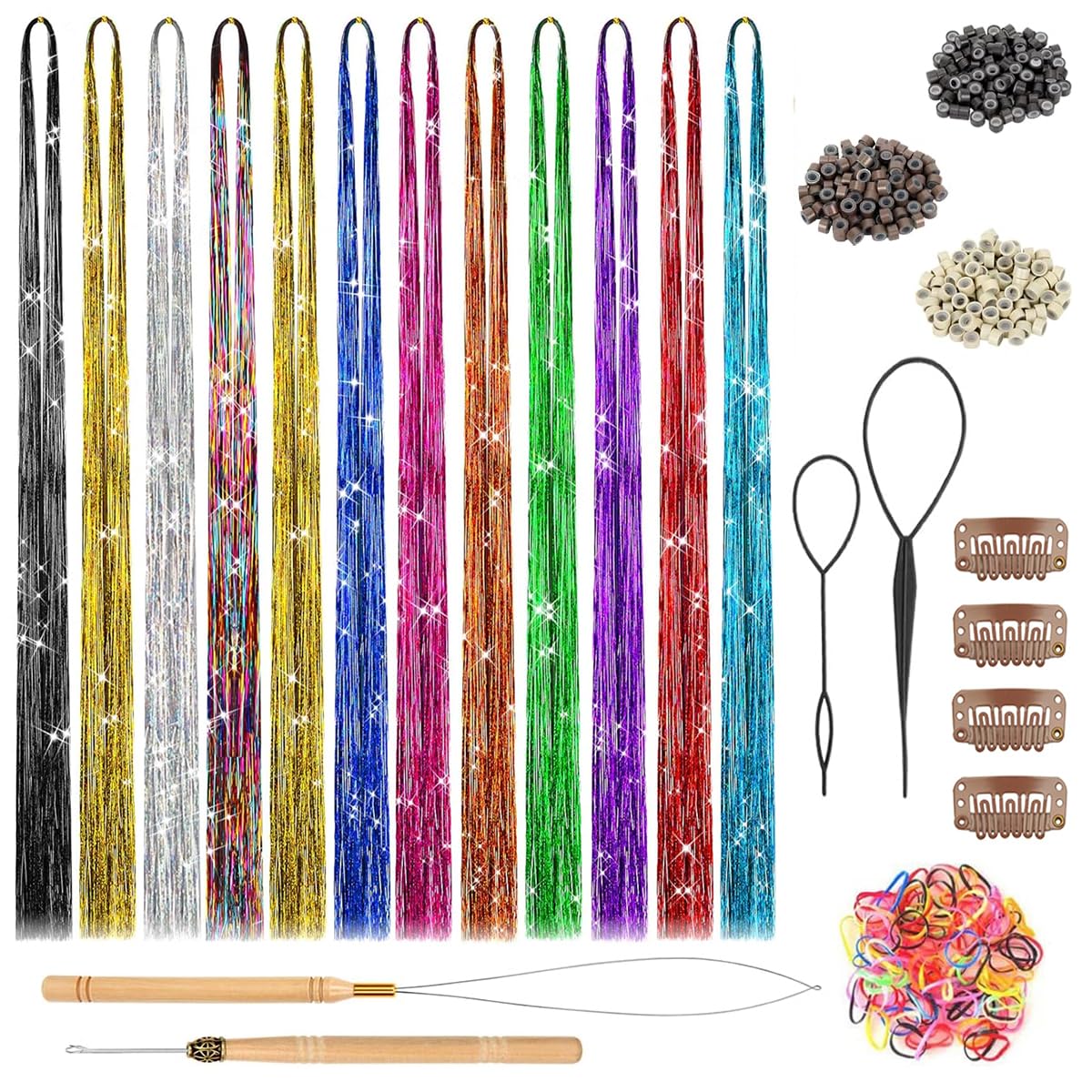 MAYCREATE® Glitter Tinsel Hair 47'' Glitter Hair Tinsel Clip 12 Color Shiny Glitter Hair Tinsel Kit Extensions with Tools for Women Girls Party, Festival, Music Festival