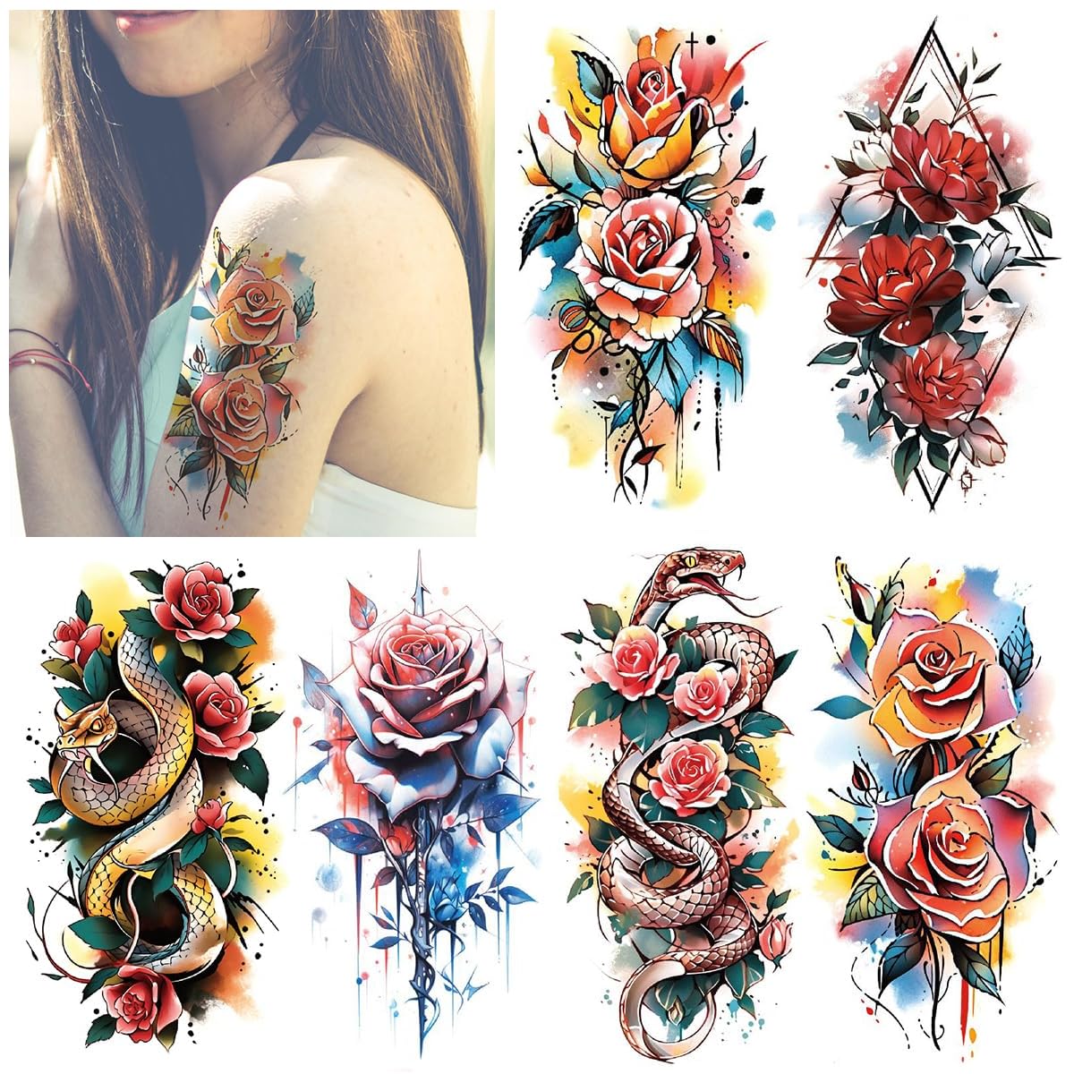 MAYCREATE® 6 Sheets Watercolor Rose Temporary Tattoos For Women Arm Girls Adults, Water Color Peony Flower Tattoo Sticker, Bulk Temp Fake Long Lasting Colorful Floral Tattoo 21x11.4cm