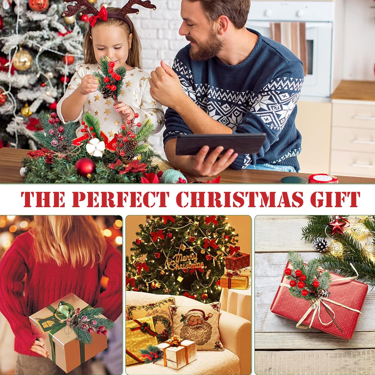 HASTHIP Christmas Decorations Combo for Tree and Wreath with 30 Snow Dusted Pine Branches | Red Berry Pinecones for DIY Crafts
