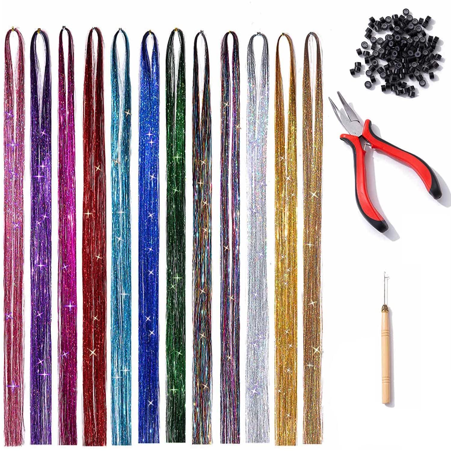 MAYCREATE Tinsel Hair Extensions for Party Styling with Tools and 47 in 12 Color Set | 2400 Strands