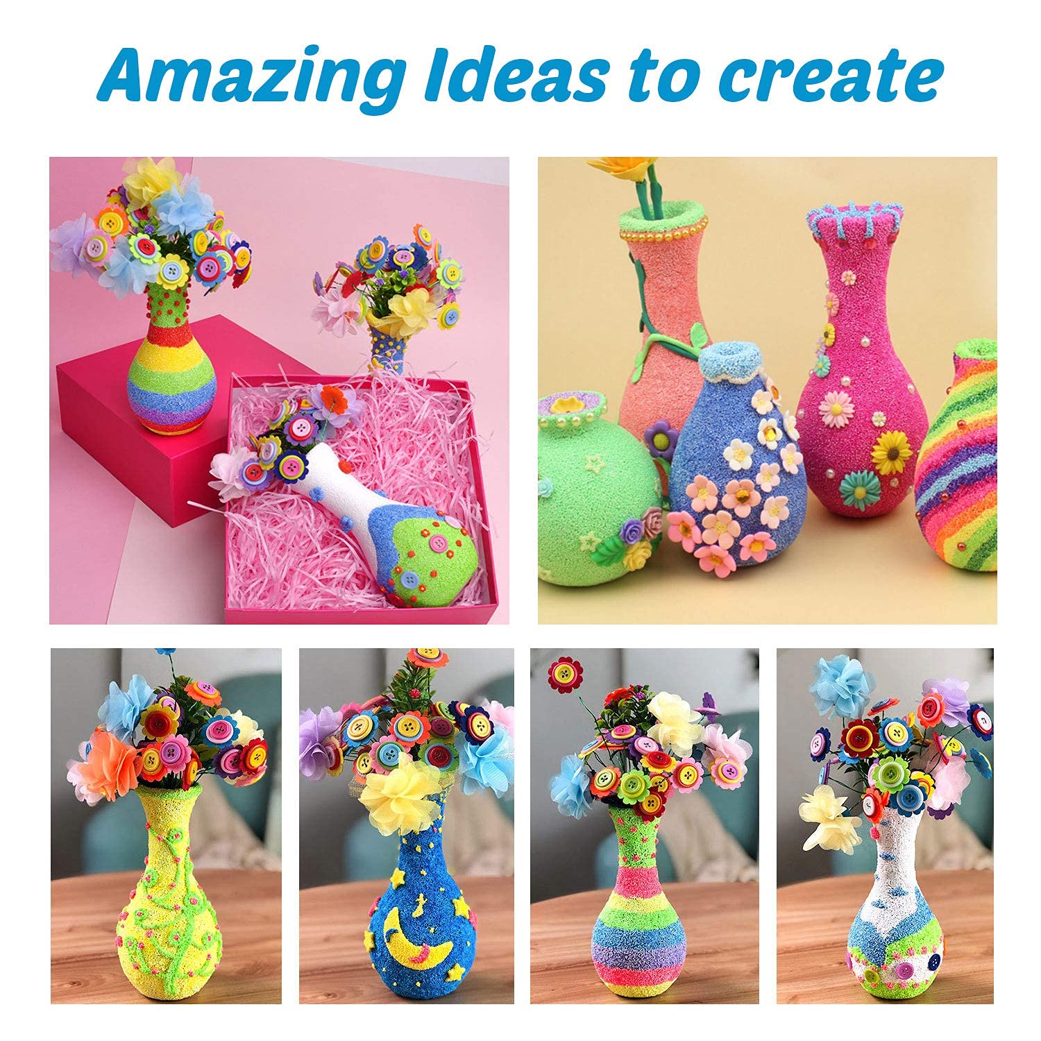 HANNEA® Making Crafts Vase Set,Fun and Colorful Beads Buttons Kits for Children Over Six Years Old -Colorful Flower Birthday Gift