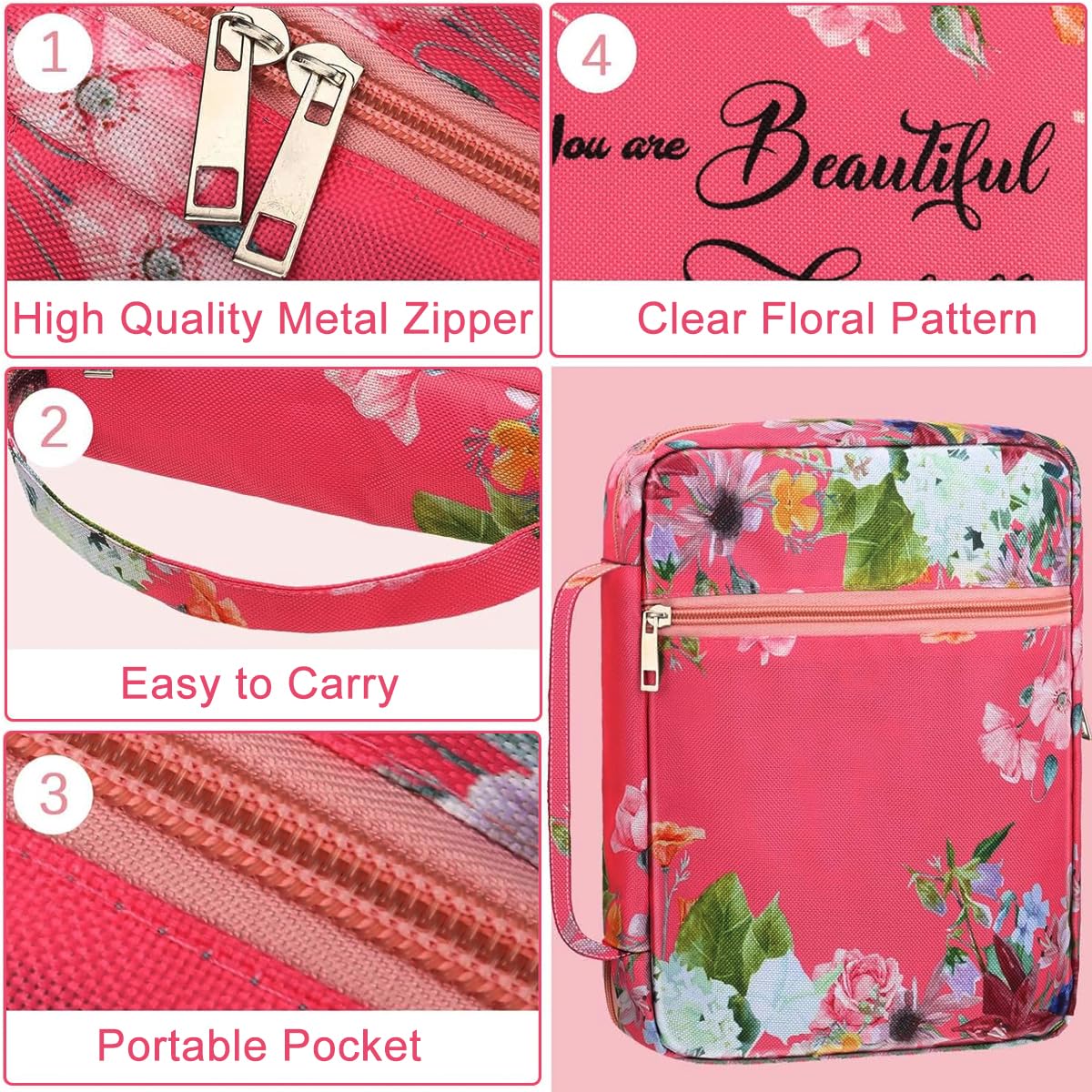 Climberty Bible Carry Bag for Women with Built-In Pouches and Handle 7×10.5 in Pink