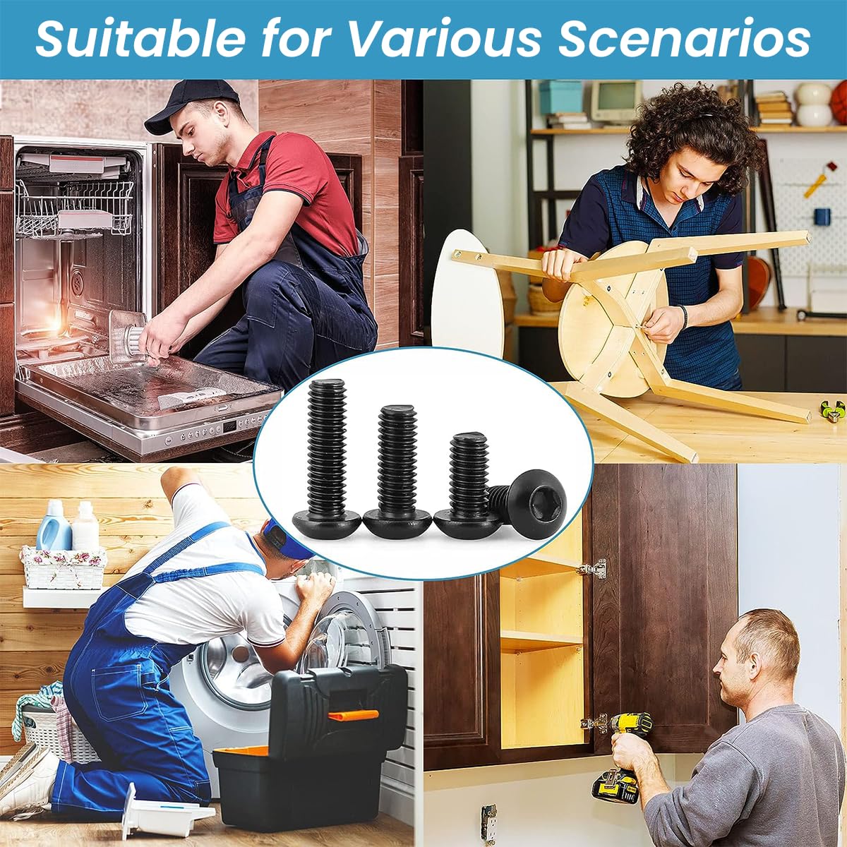 Serplex Hex Screw Set for DIY and Machinery with Reinforced Threads 1230 pcs Black Zinc Steel