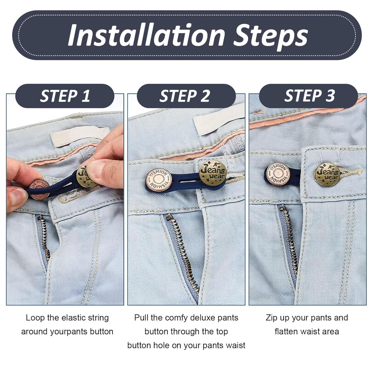 HASTHIP Jeans Waist Adjusting Buttons for Easy Fit with Silicone Strips | 6Pcs Metal Set