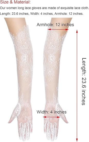 HANNEA® White Long Lace Gloves for Women, Elegant Mesh Elbow Length Bridal Party Accessory, Soft Lace Dress Gloves Fits Arm Circumference up to 11 Inches