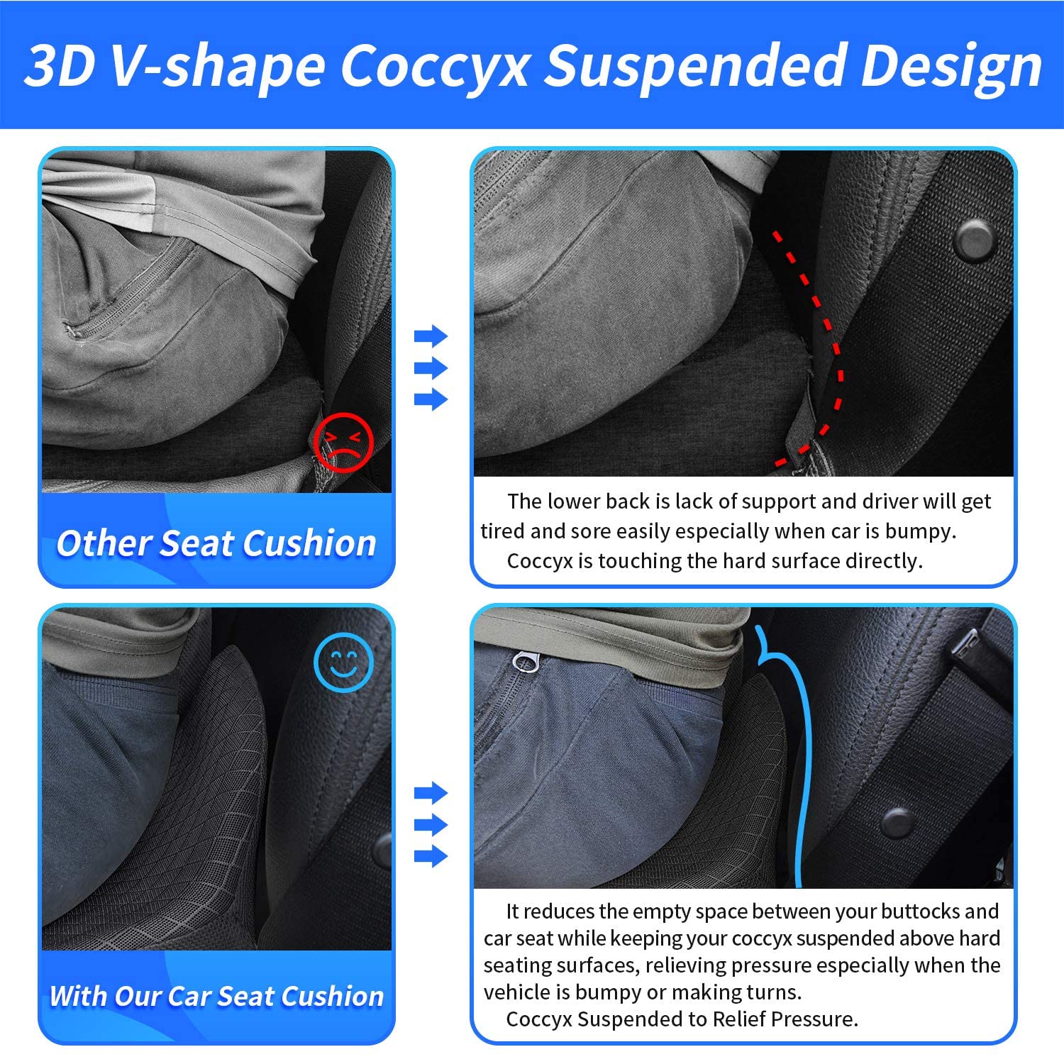 Memory Foam Car Seat Cushion for Lower Back Pain Relief with Anti Slip Bottom and Adjustable Belt | 43×47×15cm Breathable Pad for Office Chair and Wheelchair