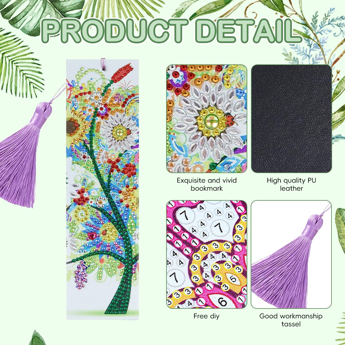 OFIFO DIY Bookmarks for Craft Making with Tassel featuring PU Leather Backing 8.3x2.4 in | Flower Diamond Art Kit for Beginners and Adults