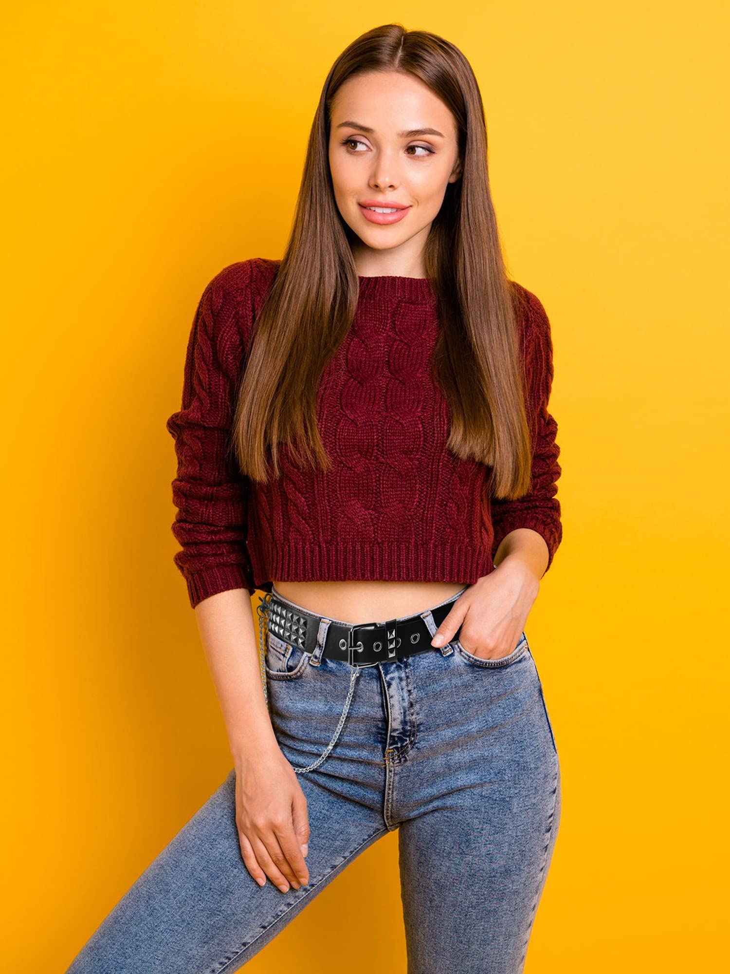 PALAY Studded Belt for Women and Men with Jeans Jacket Chains | Black PU Leather 110cm