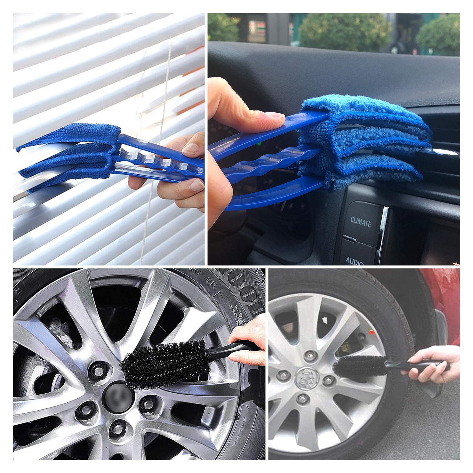 STHIRA® 15 Pcs Car Cleaning Brush Kit with 5 Pcs Different Size Detail Car Brushs,3 Pcs Wire Brushes,2Pcs,Blue Wash Towel,Wax Applicator Pads,1 Wash Glove, Air Vents Cleaning Brush