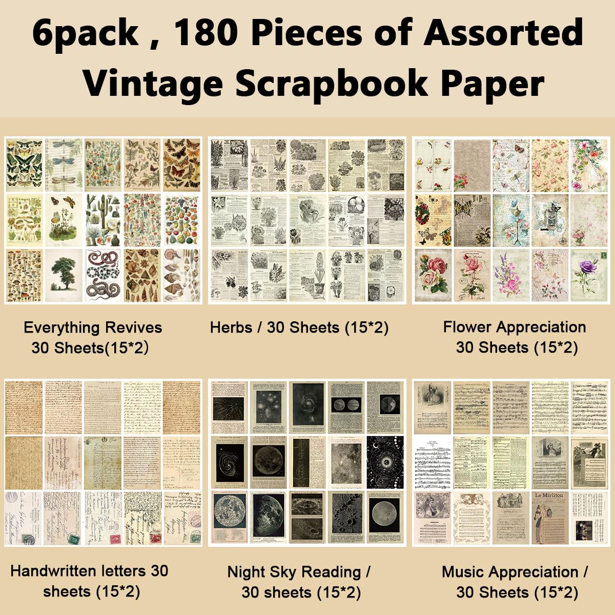 HASTHIP® 180 Sheet Scrapbook Paper, Journal Supplies Journaling Scrapbooking Craft Paper Kits Vintage Room Decor Posters Decoupage Paper for Journals Bullet Journal Card Making Decorative Background