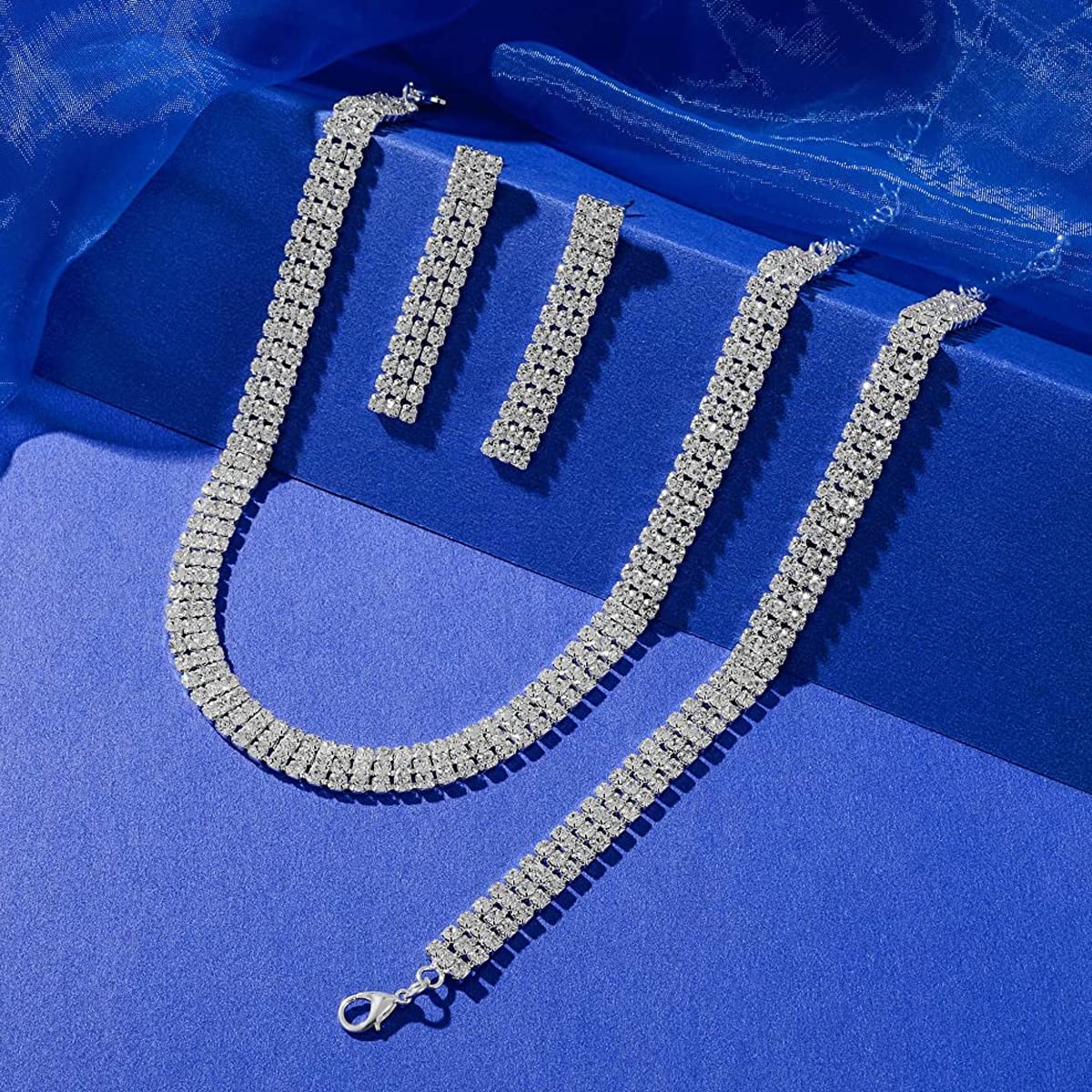 SANNIDHI Necklace Jewellery Set for Women with 12''+4.5'' Choker and Rhinestone Earrings | Adjustable Bracelet Gift Set